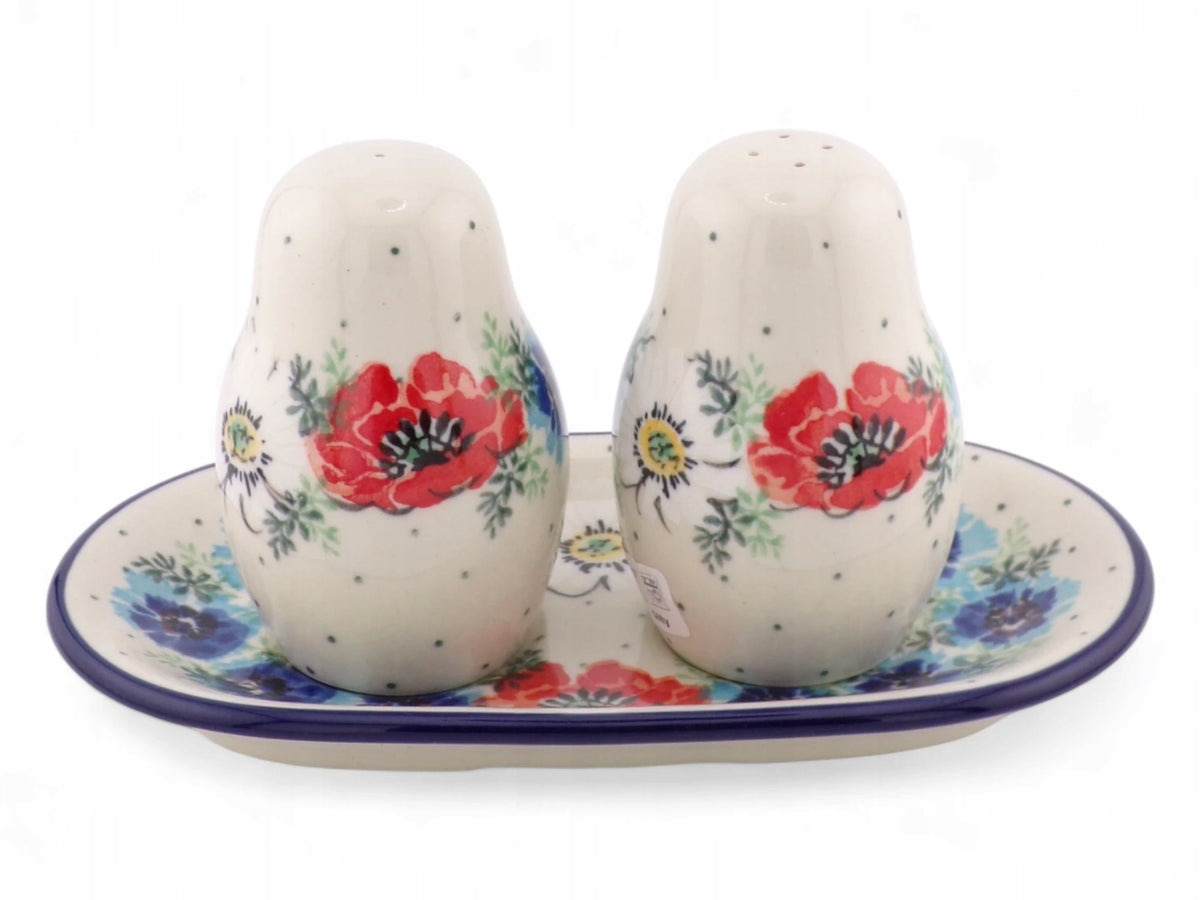 SALT AND PEPPER SET WITH POPPY SEED AND CHAMOMILE STAND BOLESŁAWIEC Brand Ceramika Artystyczna Bolesławiec