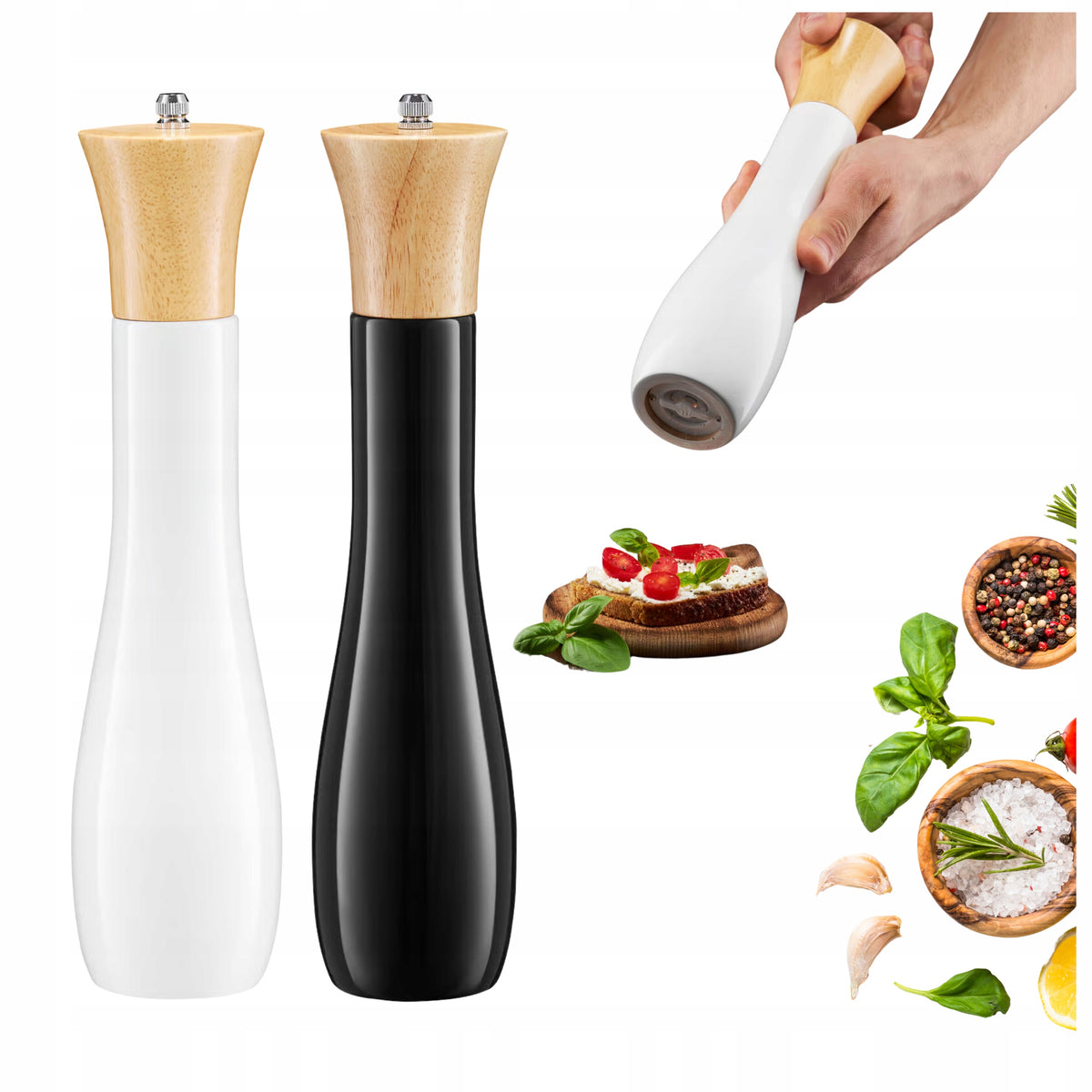 SALT AND PEPPER SHAKER SET CERAMIC WOODEN FOR SPICES AMBITION