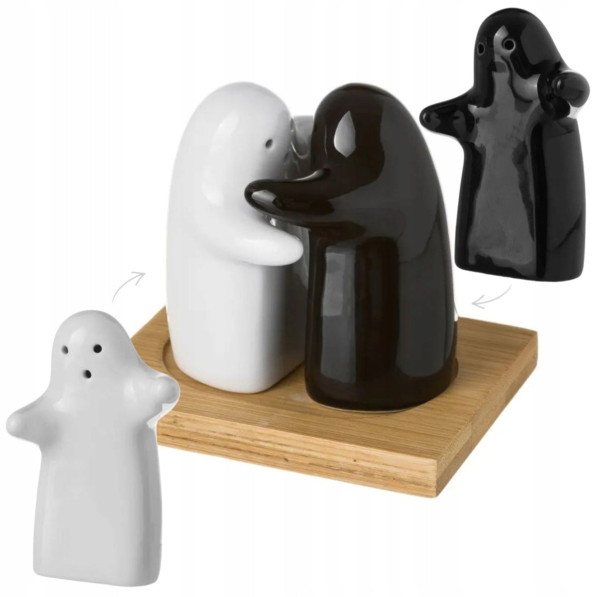 SALT AND PEPPER SHAKER SPRITE ON TRAY SET BLACK AND WHITE FOR SPICES