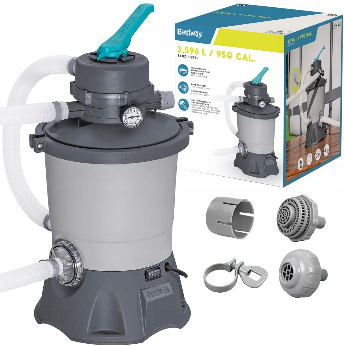 SAND PUMP FOR SWIMMING POOLS FILTERING 3596l/h BESTWAY 58515 +HOSES + FITTINGS