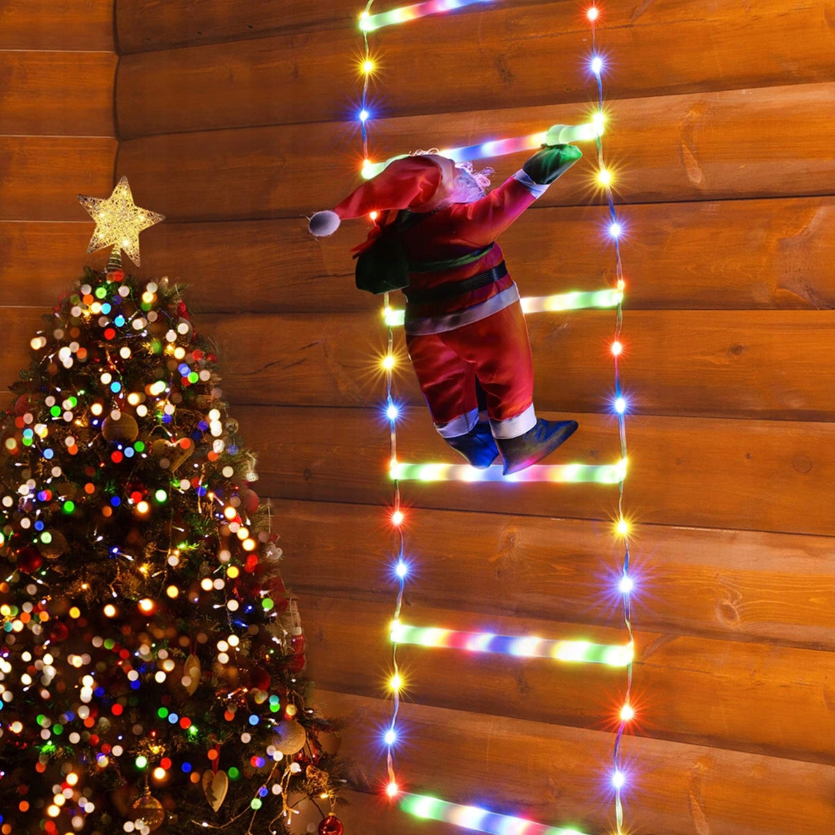 SANTA CLAUS LED LADDER, LED LIGHT DECORATIONS WITH 8 LIGHT MODES Packaging status original