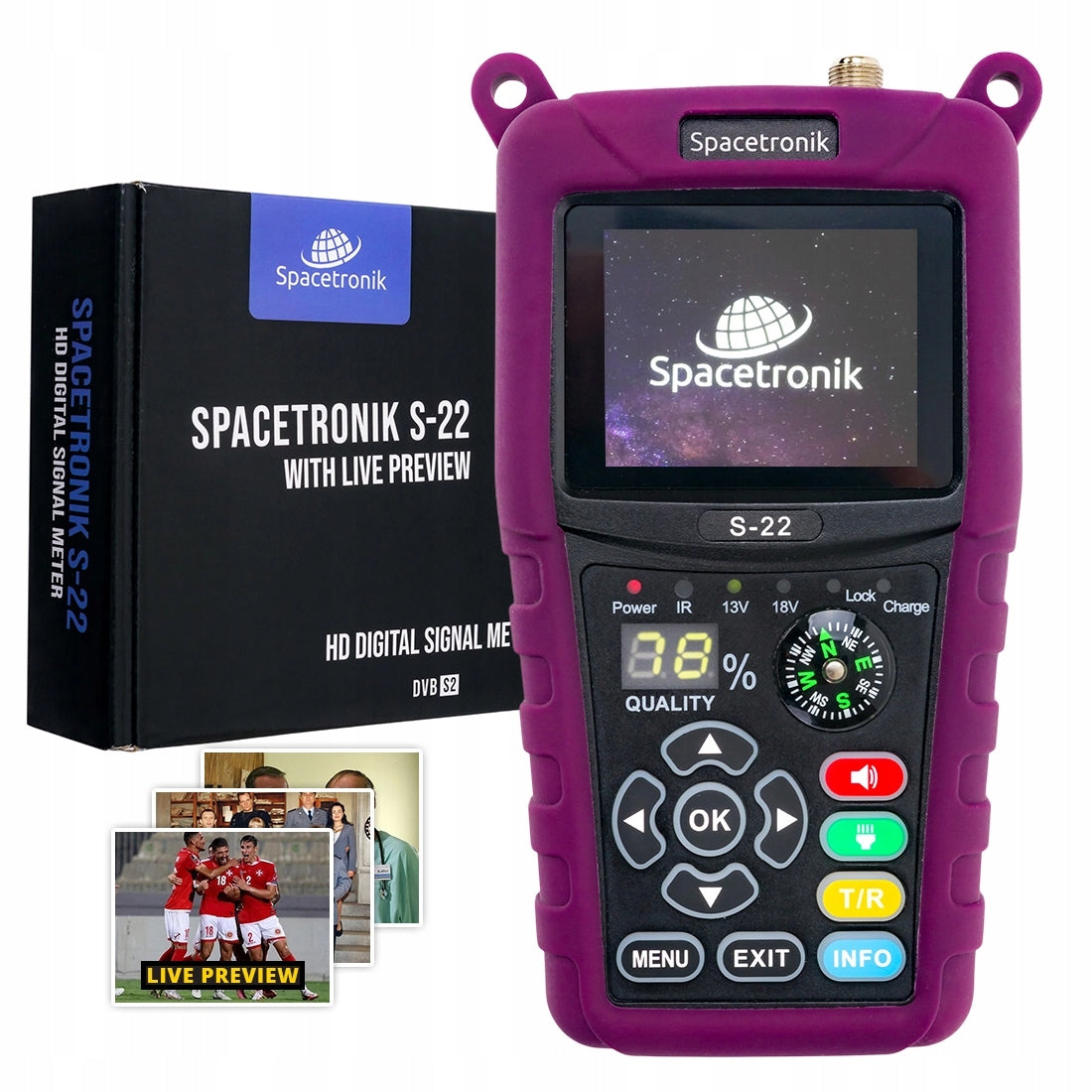 SATELLITE meter Spacetronik S-22 DVB-S2 TV channel preview LED flashlight