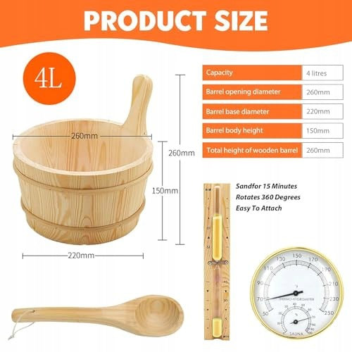 SAUNA SET WOODEN BUCKET LADLE THERMOMETER HOURGLASS HYGROMETER Volume 4000 ml