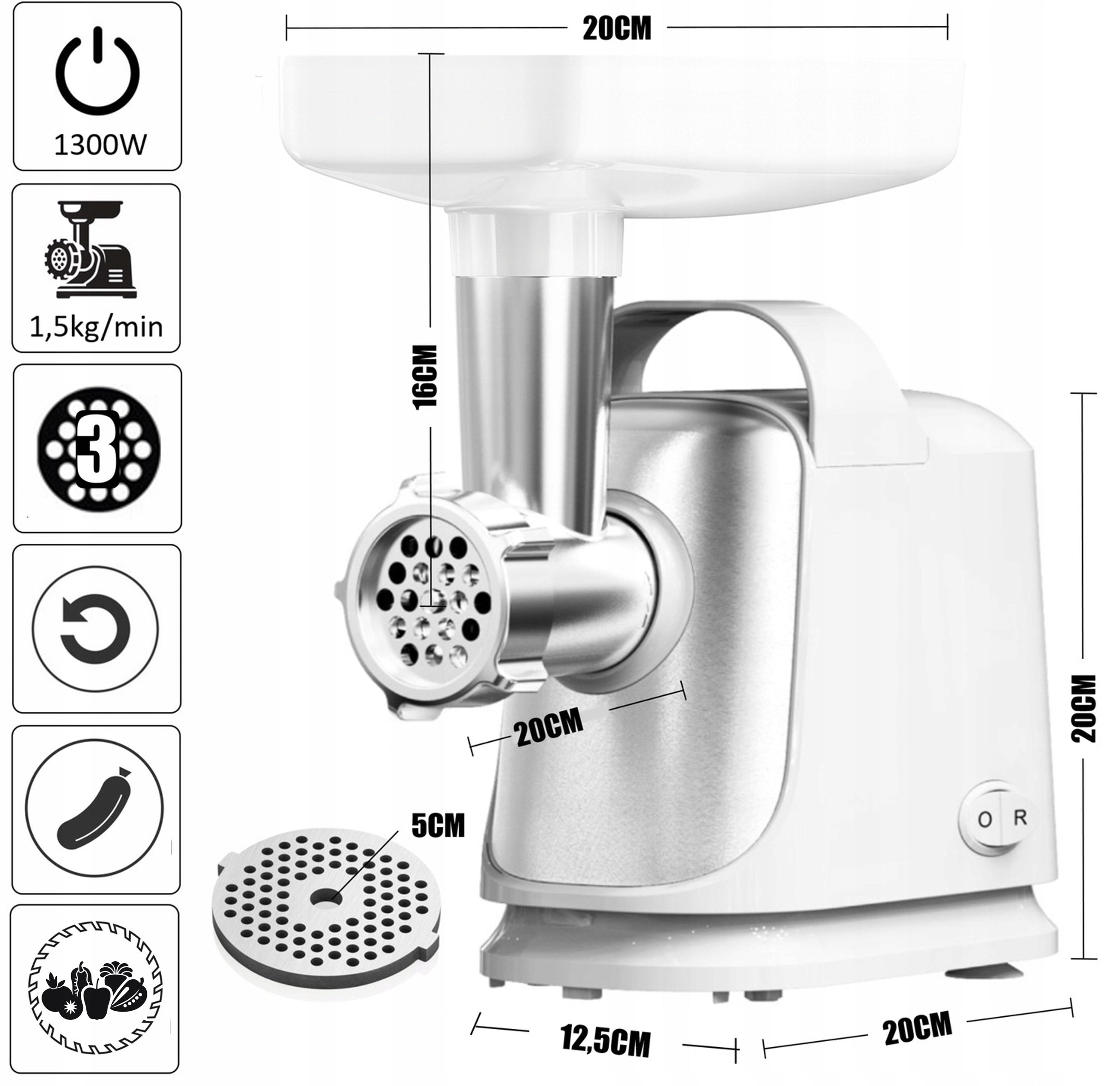SAUSAGE MEAT GRINDER 3 SIEVES + SHREDDER REVERSE POWER 1300W Grinding efficiency 1.5 kg/min