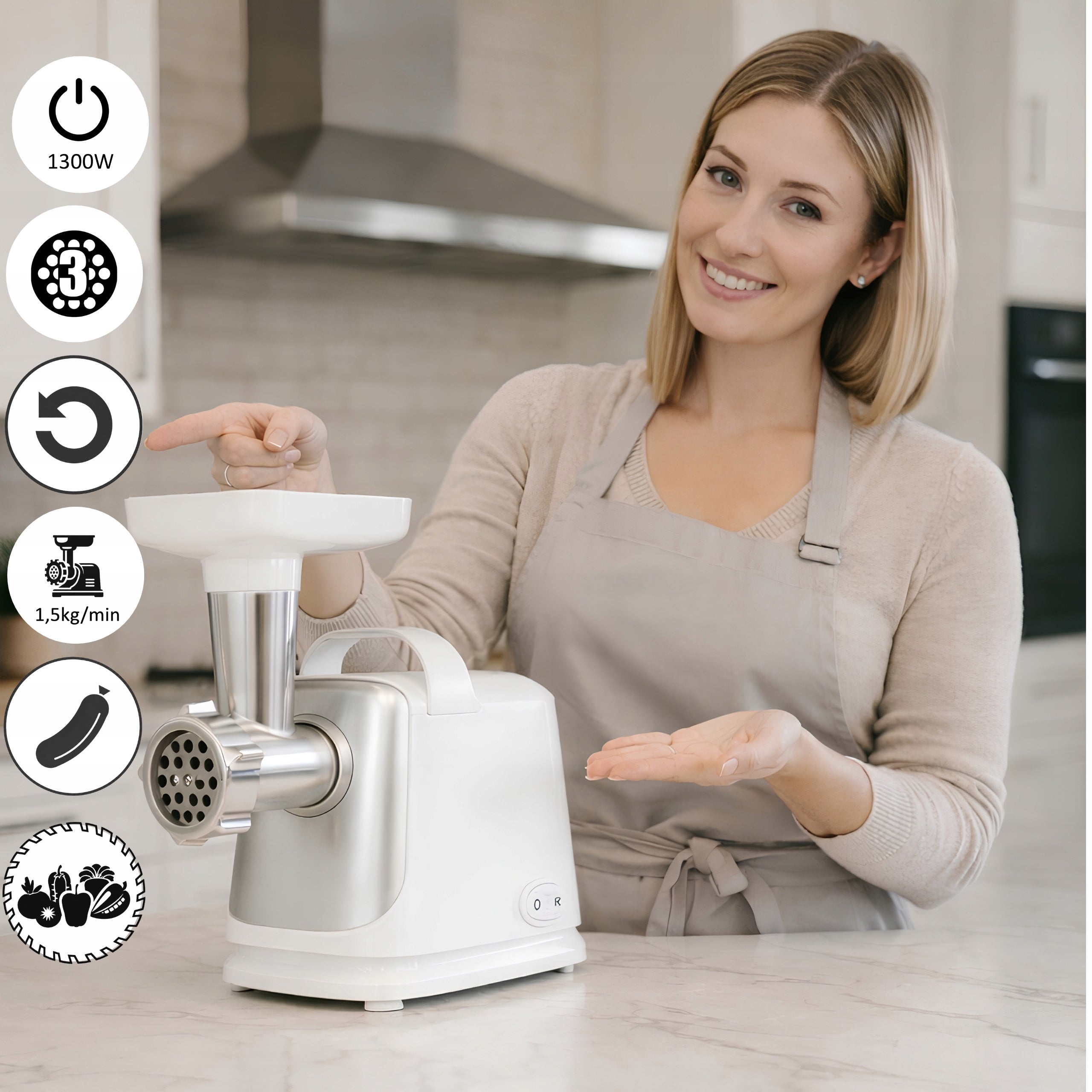 SAUSAGE MEAT GRINDER 3 SIEVES + SHREDDER REVERSE POWER 1300W Reverse gear yes