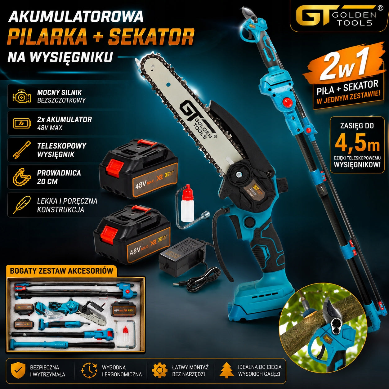 SAW PRUNING SHEAR BOOM 2X48V 6AH SET 3IN1 ACCUMULATOR GOLDEN TOOLS Packaging status original
