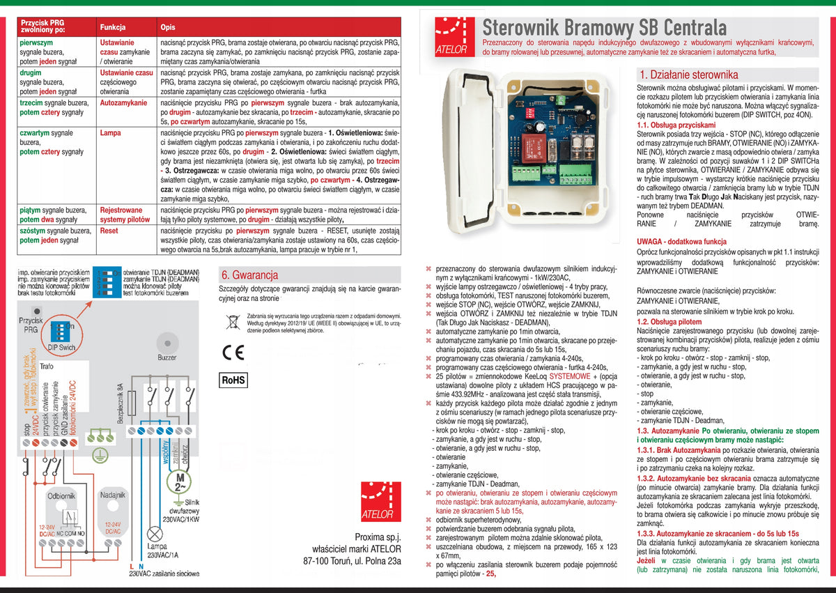 SB - control panel for rolling gate 230VAC "radio road" PROXIMA 433,92 MHz Manufacturer code Centrala SB