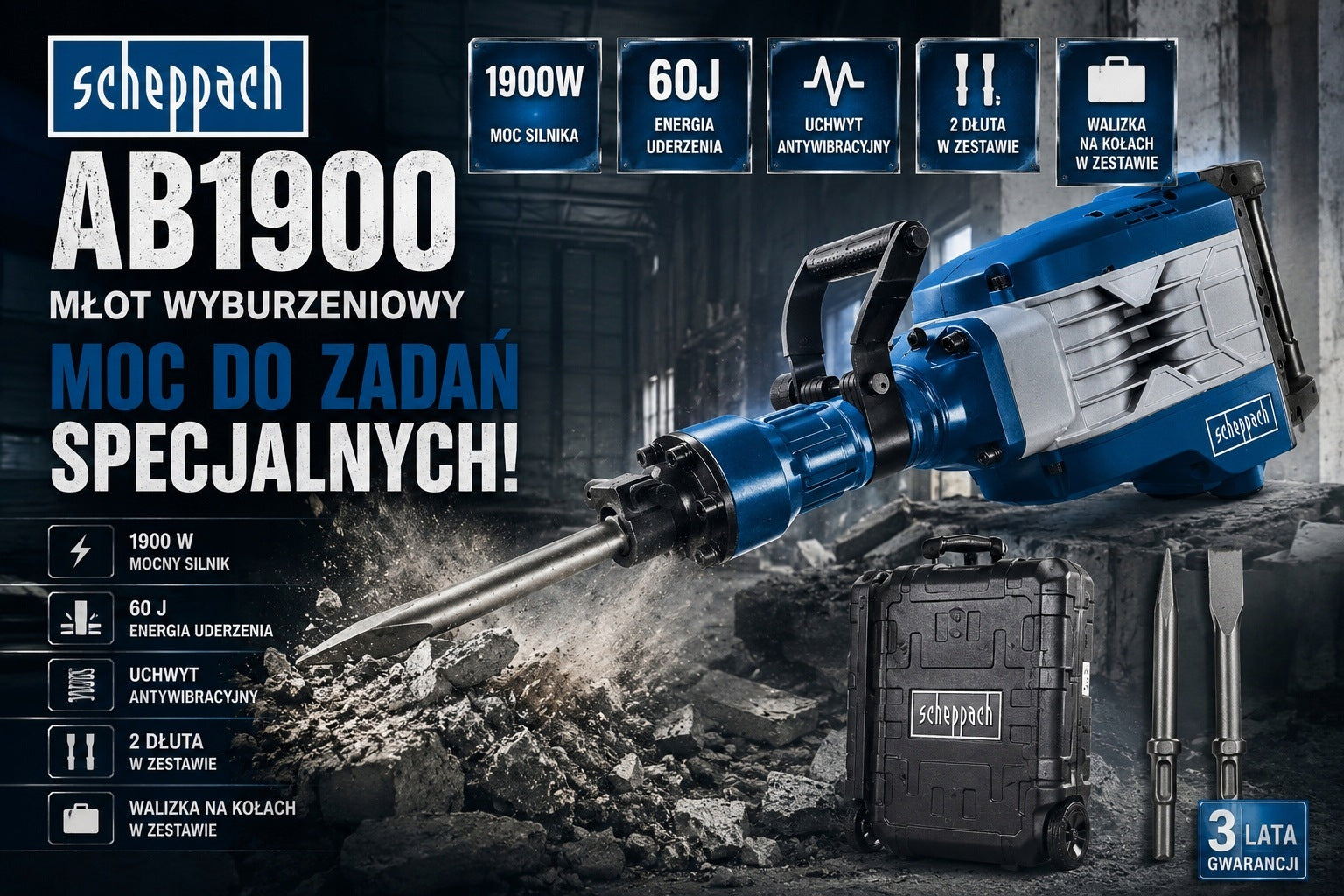 SCHEPPACH AB1900 demolition hammer 1900W 60J in wheel case + 2 chisels Manufacturer code 5908206901