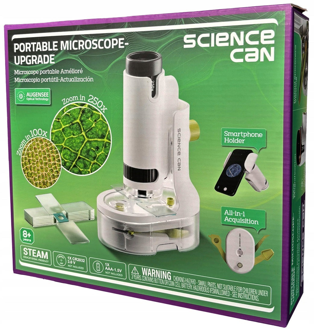 SCIENCE CAN PORTABLE MICROSCOPE OF YOUNG RESEARCHER FOR FIRST OBSERVATIONS