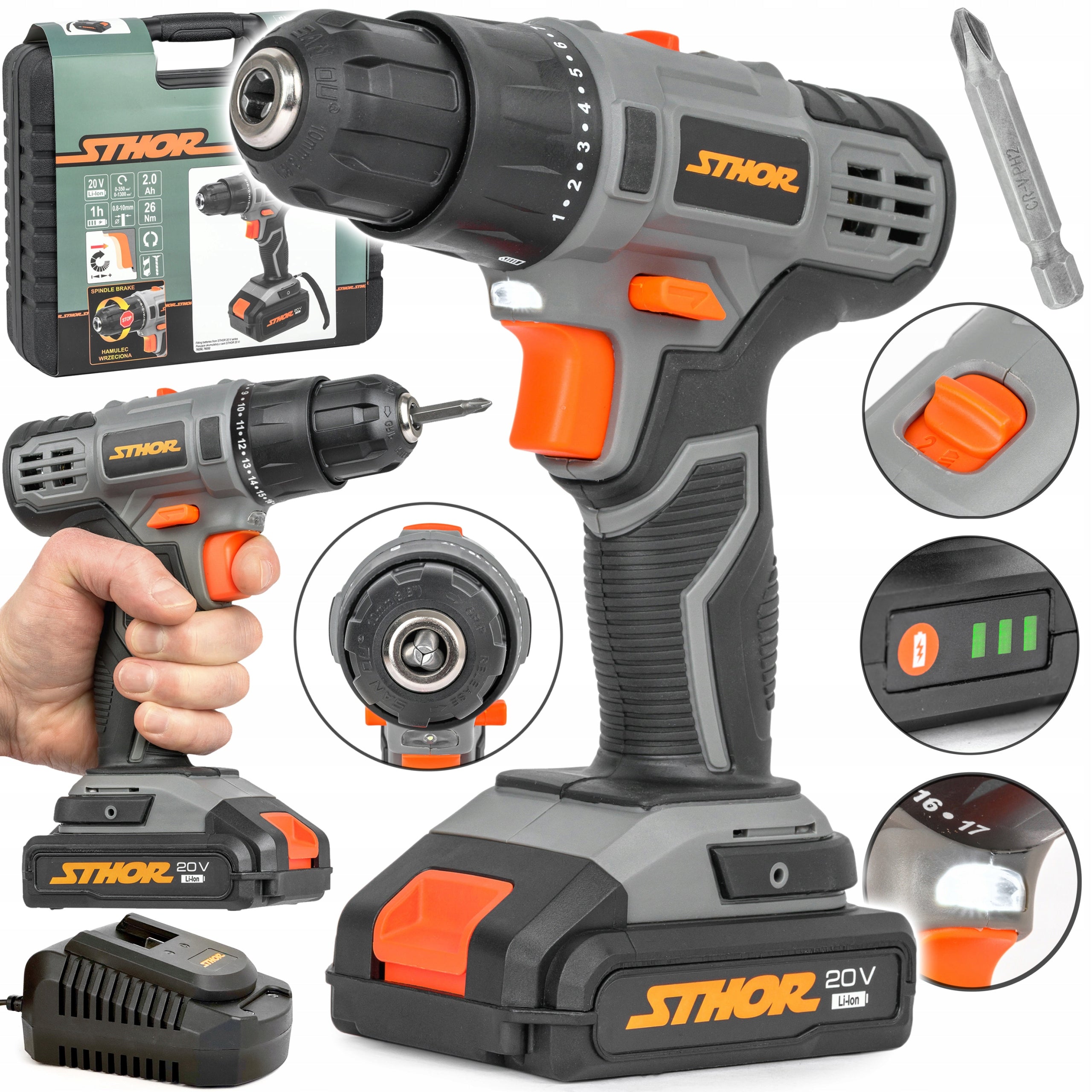SCREWDRIVER CORDLESS DRILL STHOR 78081 2 GEARS LED CASE 20V
