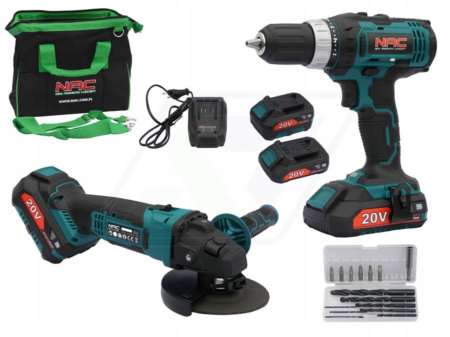 SCREWDRIVER + CORDLESS GRINDER NAC 2 BATTERIES 20 V 2 AH AND 4 AH Manufacturer code 40205