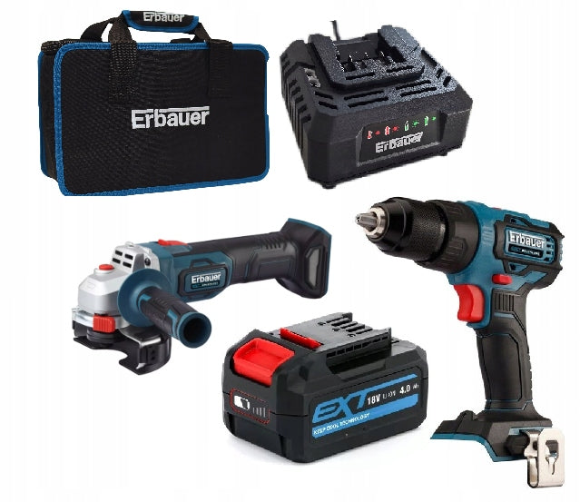 ## SCREWDRIVER SET + ANGLE GRINDER ERBAUER 18V + BATTERY 4 AH