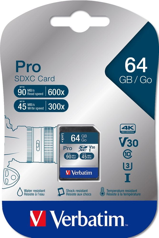 SDXC Verbatim Pro U3 64GB (90/45 MB/s) Class 10 UHS-1 V30 Memory Card Card capacity 64 GB