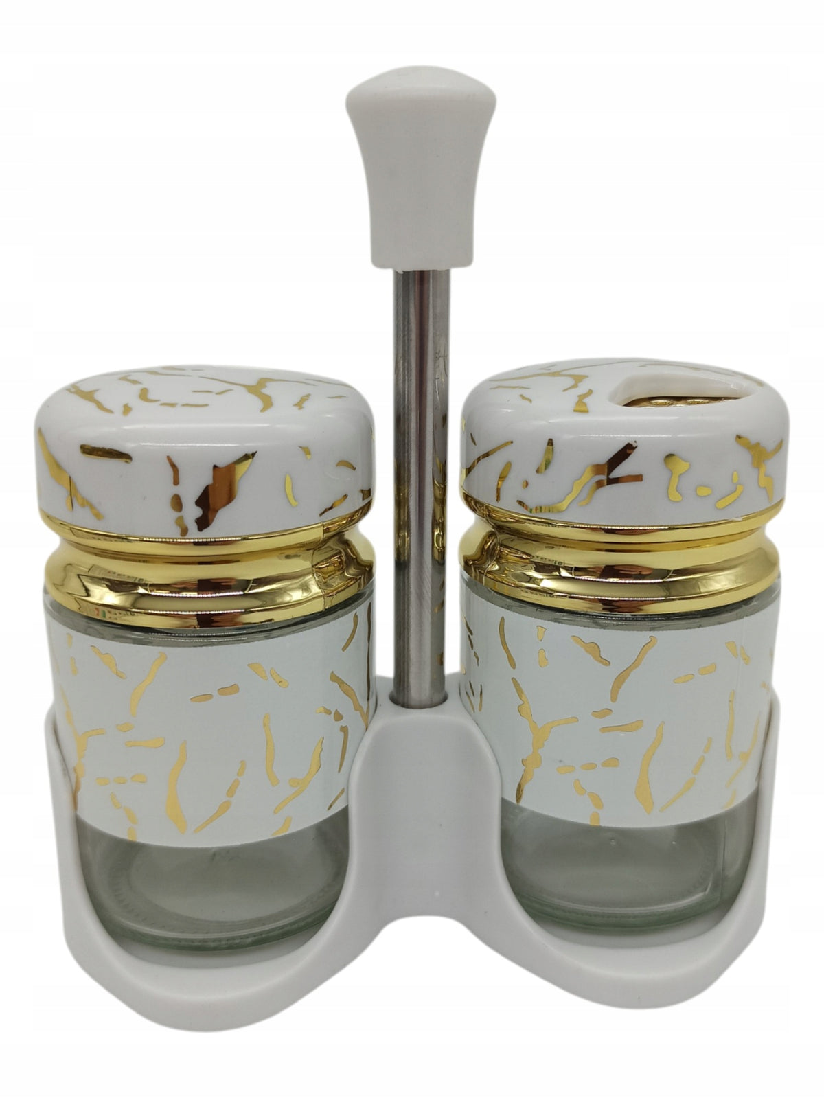 SEASONINGS GLASS SET FOR SPICES STAND SALT PEPPER MARBLE GOLD Packaging status original