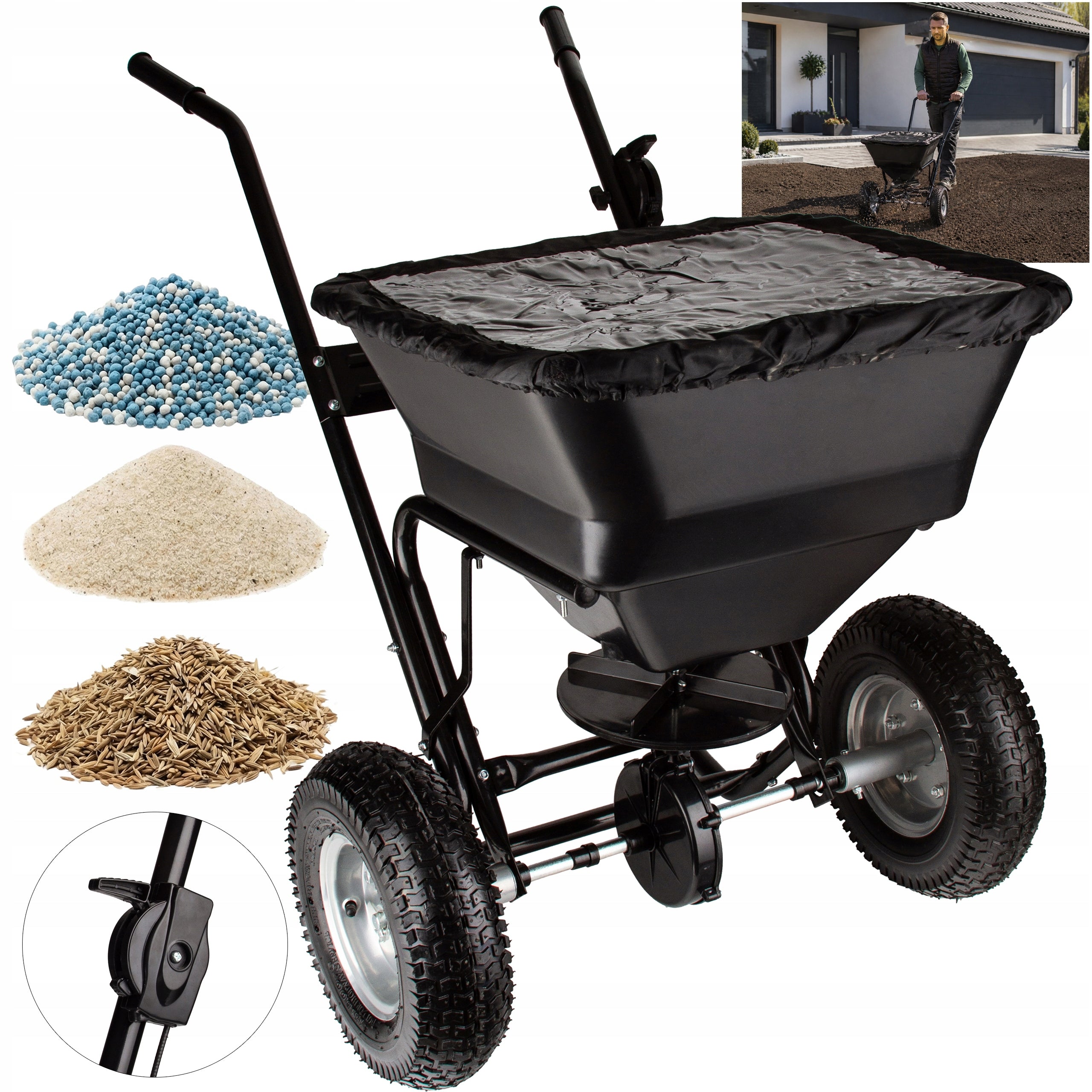 SEED DRILL GRASS SPREADER OF SAND SALT SEEDS REGULATION OF SPREAD 37L WHEEL