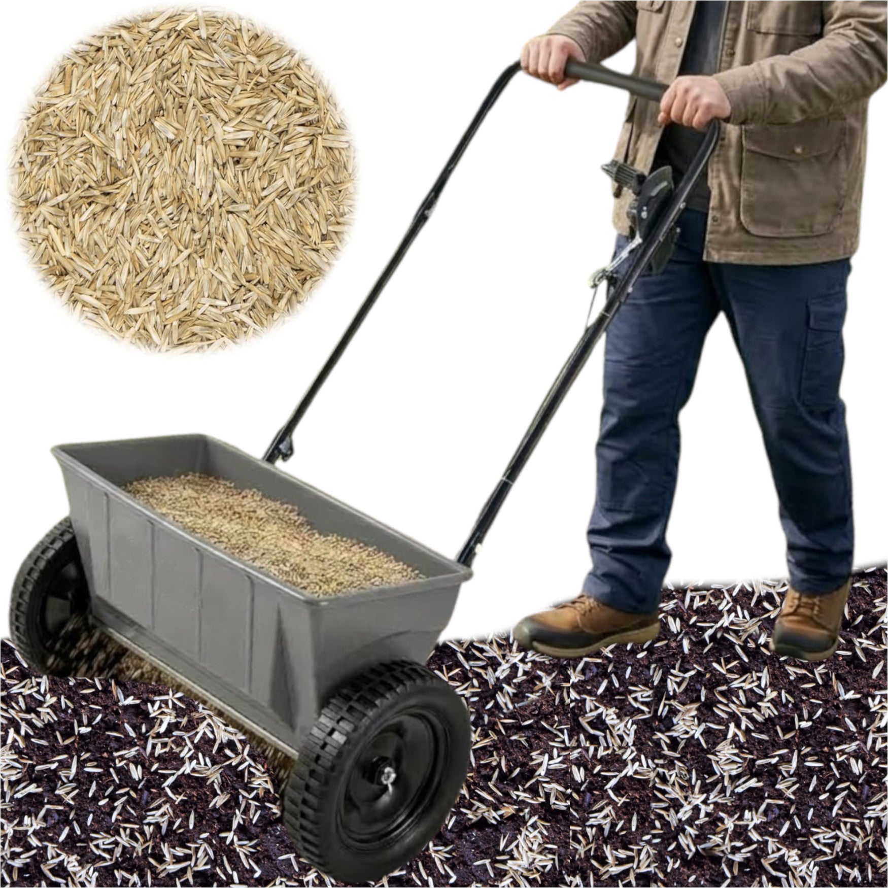 SEED DRILL MANUAL SPREADER OF SAND SALT GRASS FERTILIZER SEEDS FOR ANY TERRAIN