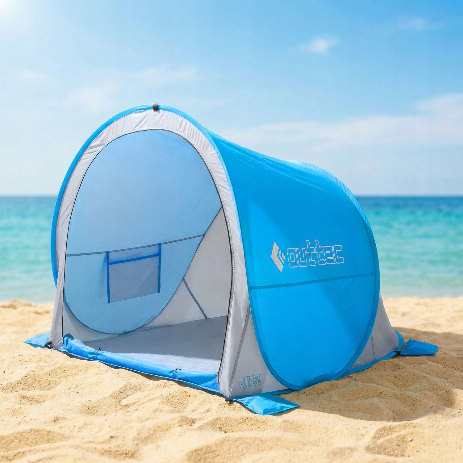 SELF-FOLDING BEACH TENT SCREEN CLOSED POP UP UV50 OUTTEC Color blue