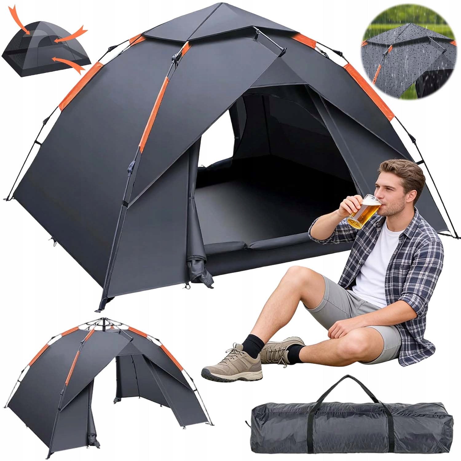 SELF-FOLDING TENT 2 ENTRANCES WITH MOSQUITO NET + BAG FOR 2