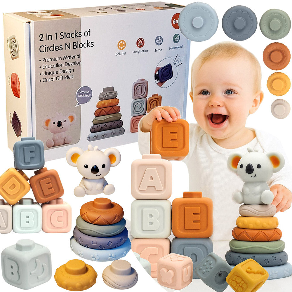 SENSORY BLOCKS TEETHERS TOWER STACKING CUBE WITH BEAR SOFT RUBBER
