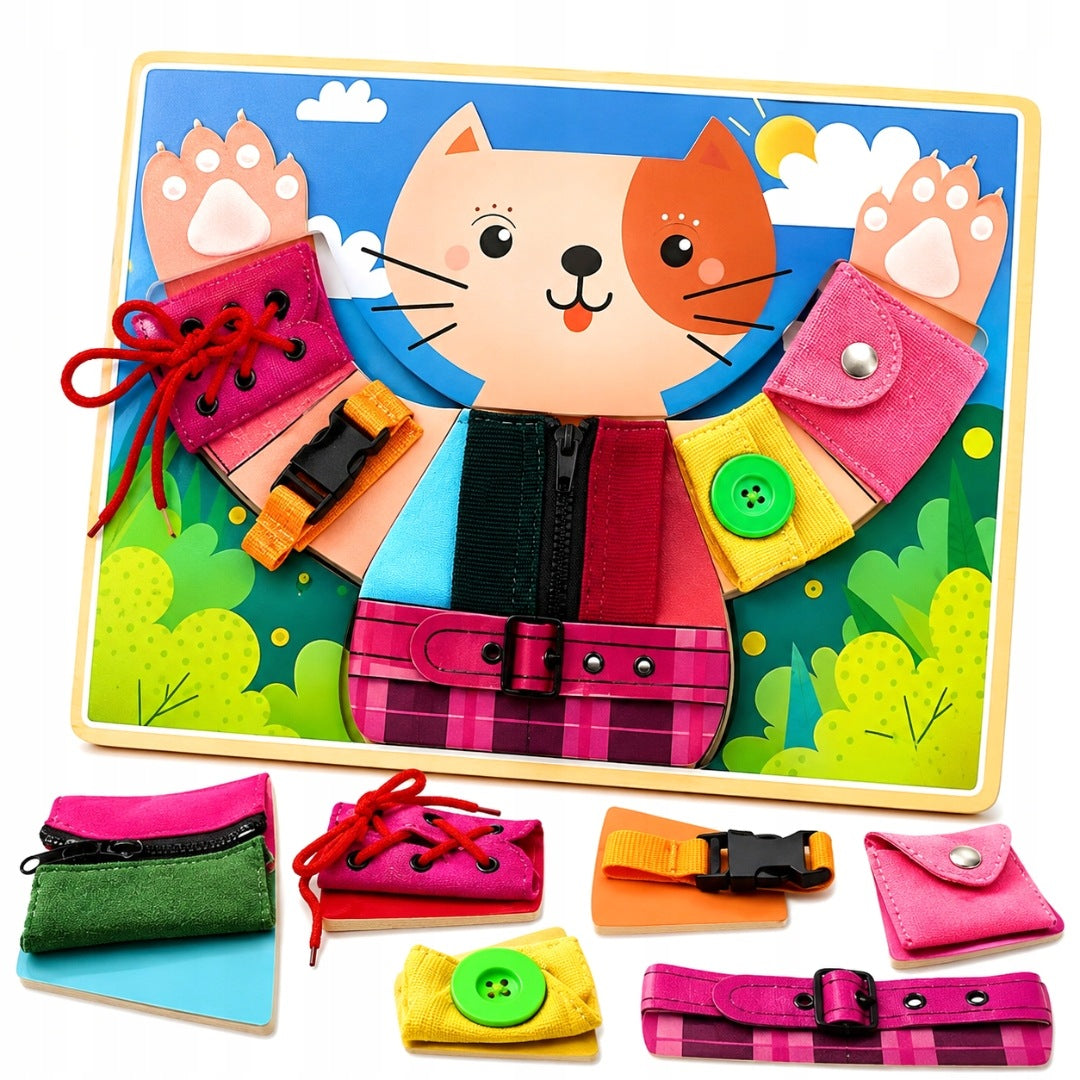 SENSORY MANIPULATION BOARD KITTY MONTESSORI FASTENING LACING 3+