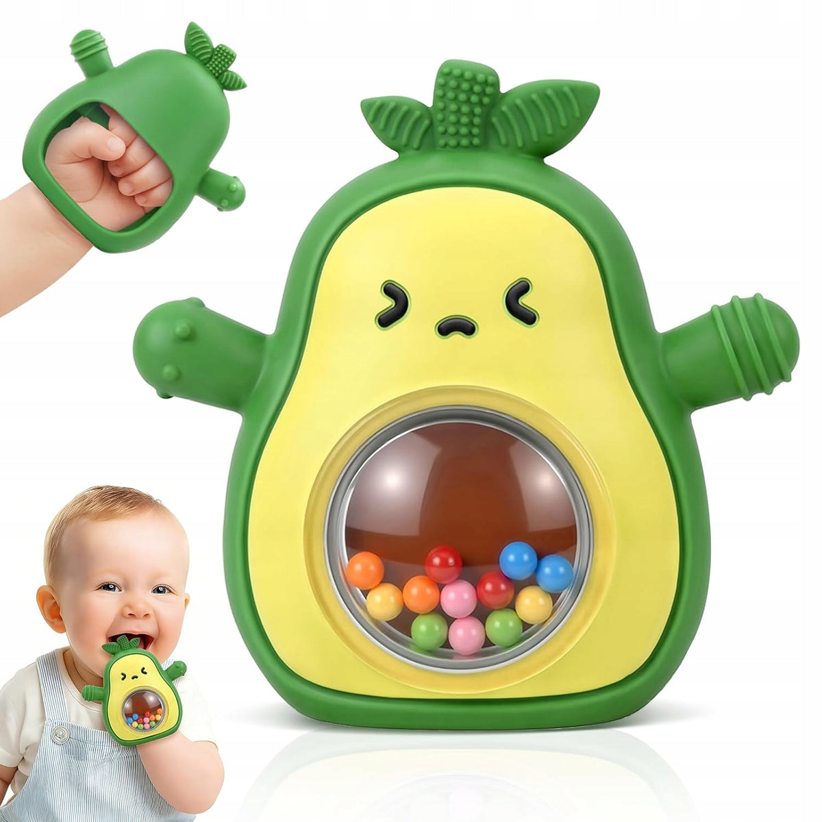 SENSORY TOY INTERACTIVE RATTLE SILICONE TEETHER AVOCADO