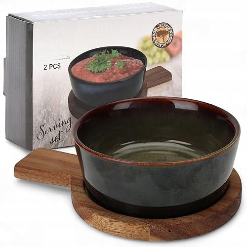 SERVING BOWL CERAMIC ACACIA WOOD SET GIFT FOR HOME