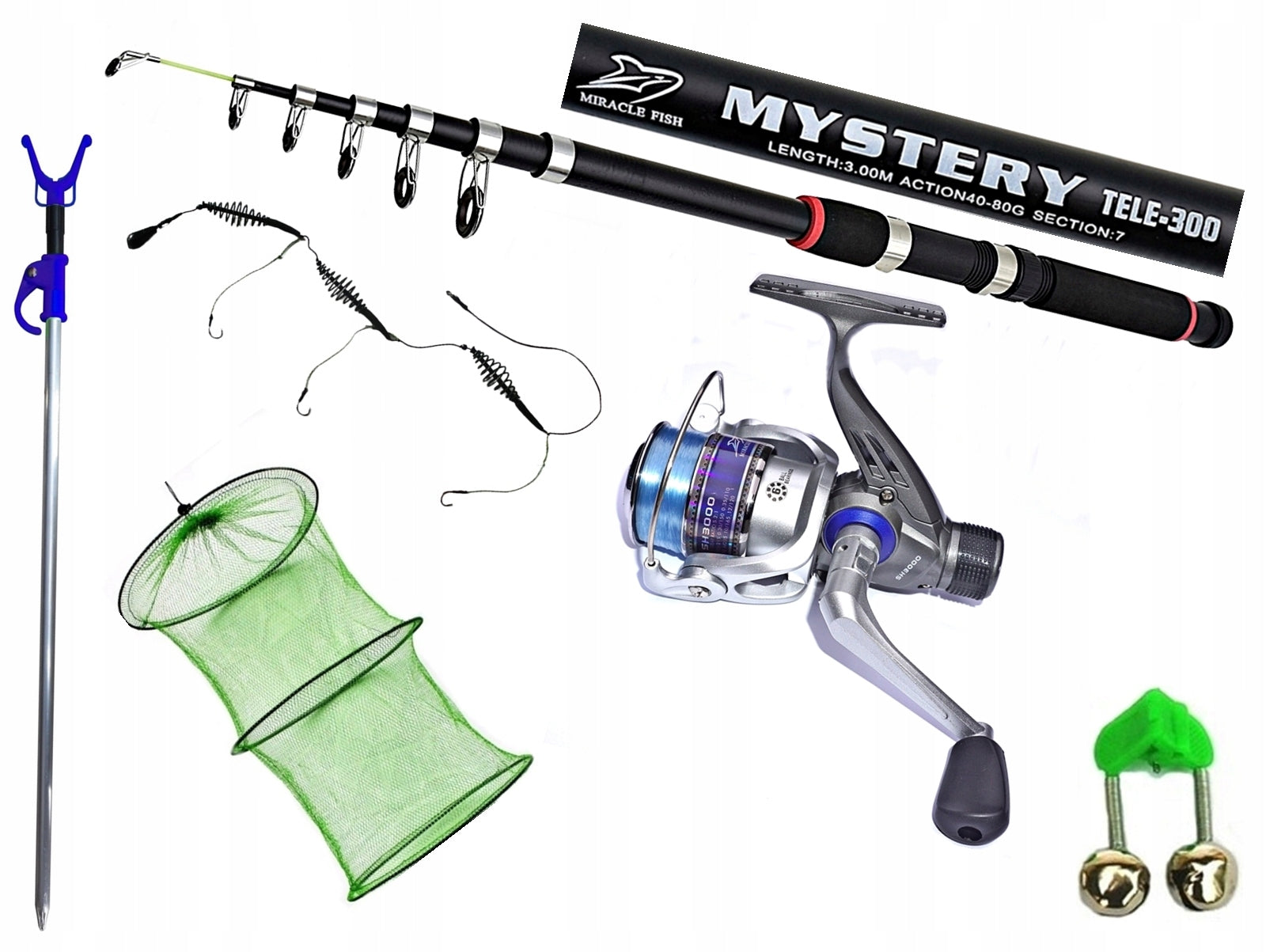 SET 87 - MYSTERY ROD 300 + REEL SH3000 BLUE + AKCESORIA.