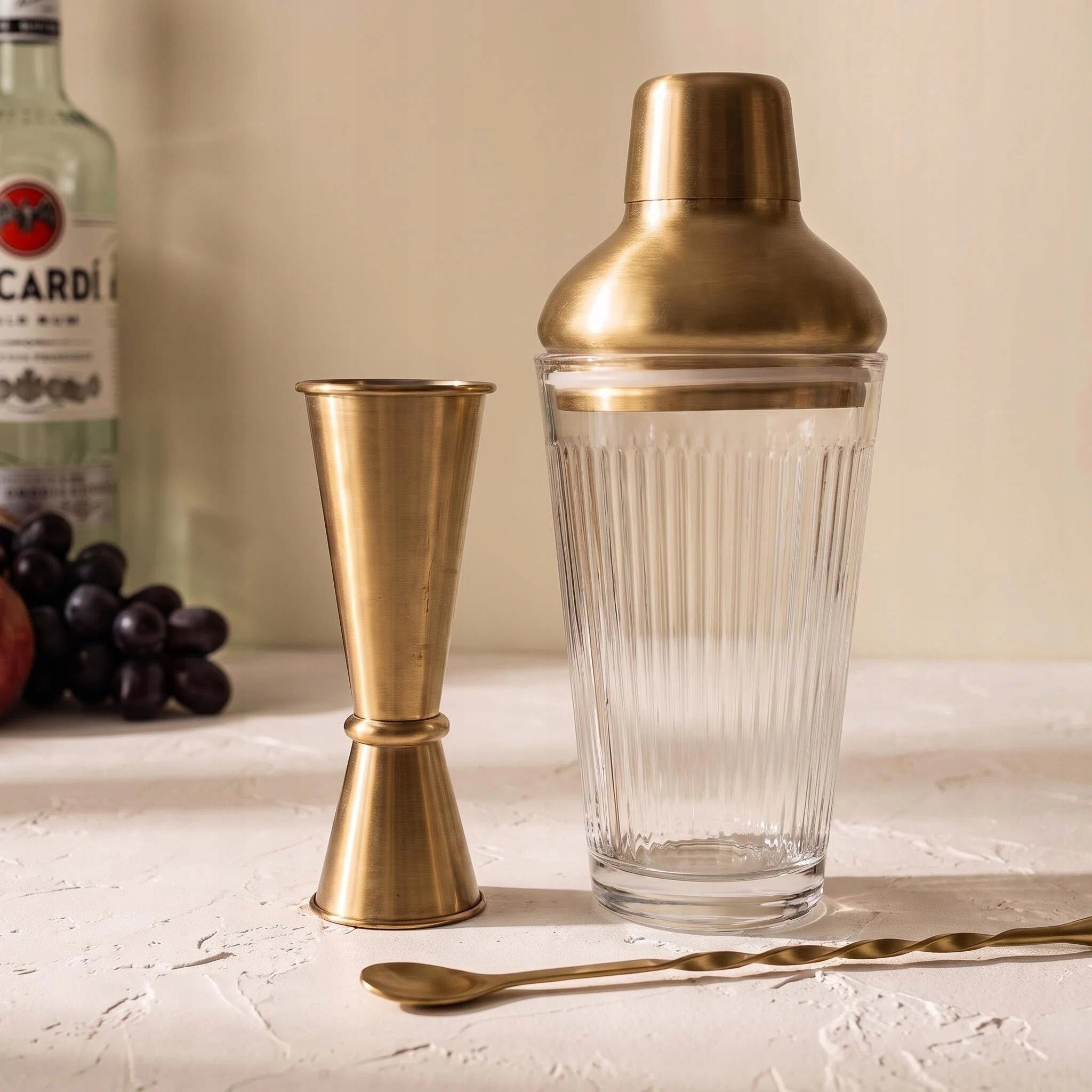 SET BARTENDING SHAKER FOR COCKTAIL DRINKS ALCOHOL GLASS GOLD Packaging status original
