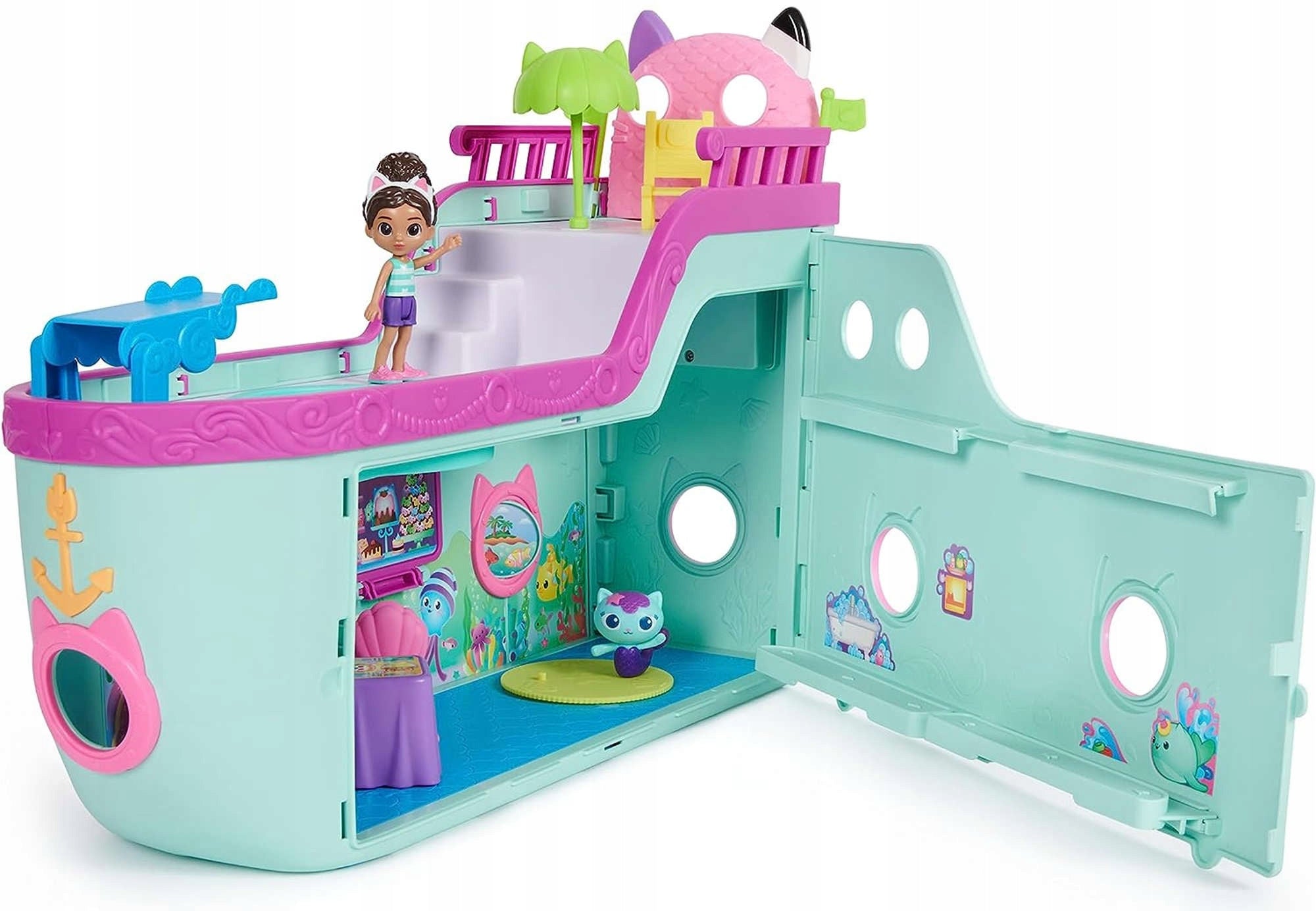 SET CAT HOUSE GABI LARGE INTERACTIVE SHIP SWIMMING POOL MERMAID +2 FIGURINES Packaging status original