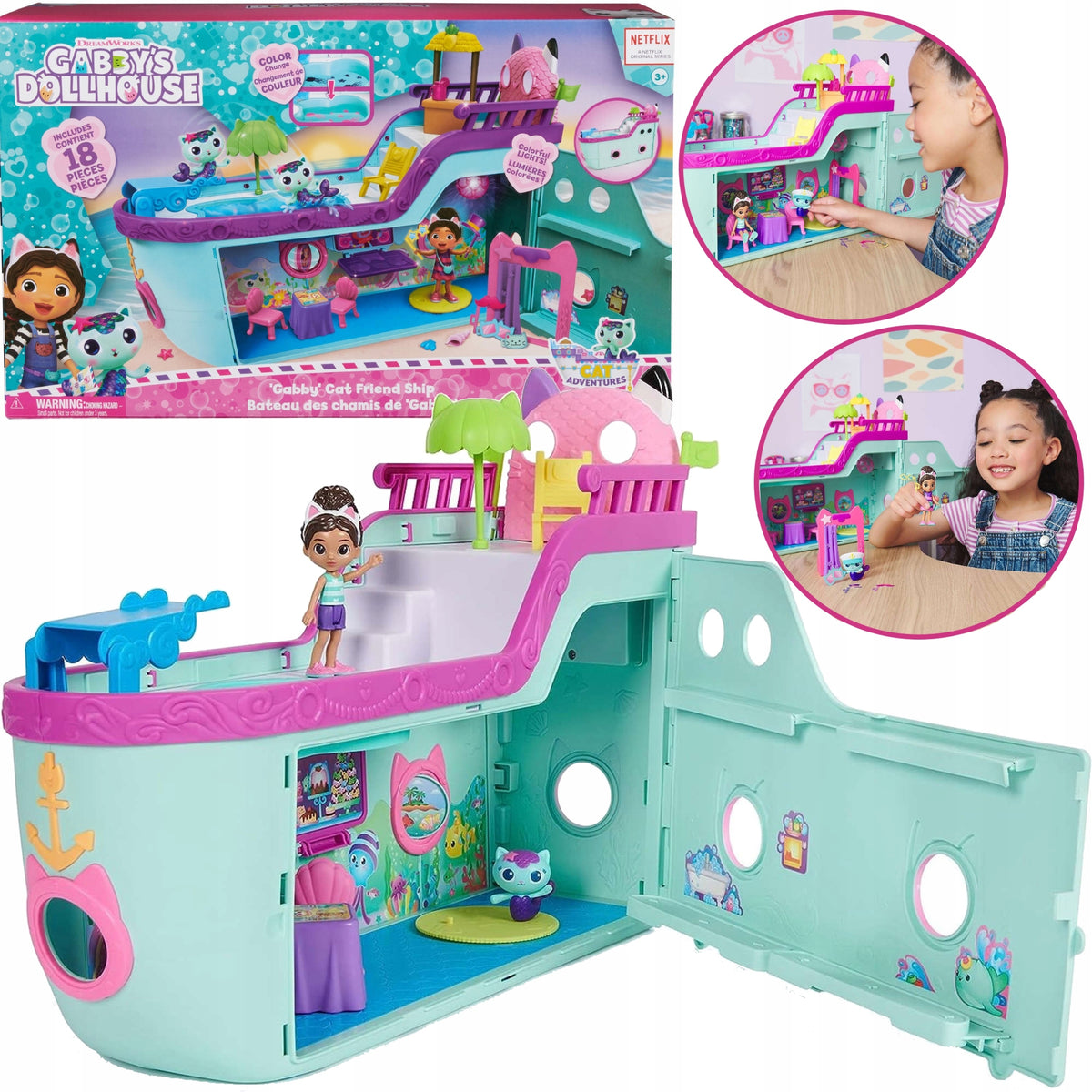 SET CAT HOUSE GABI LARGE INTERACTIVE SHIP SWIMMING POOL MERMAID +2 FIGURINES
