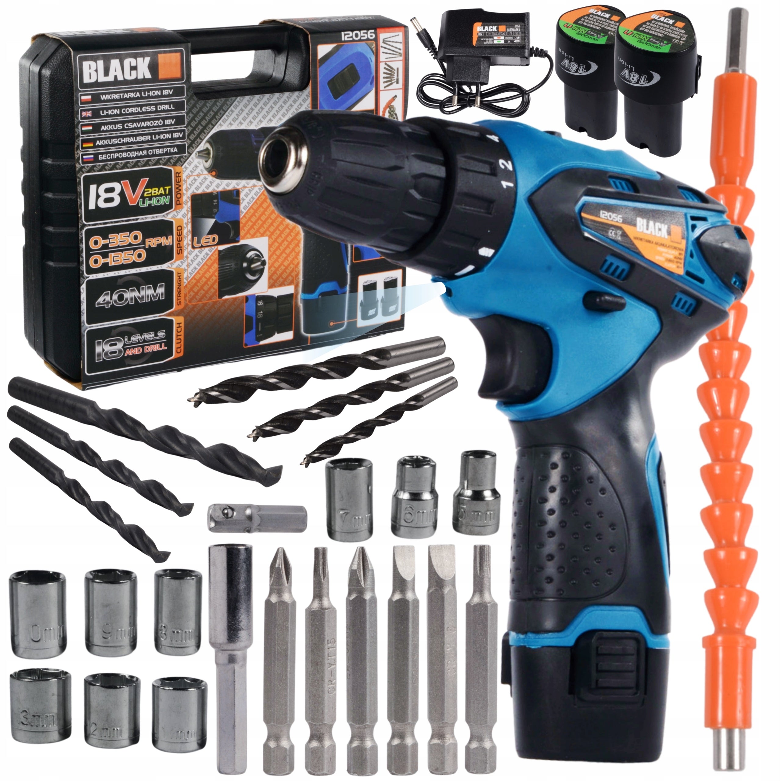 SET CORDLESS SCREWDRIVER 18 V 2 x BATTERY + SUITCASE + ACCESSORIES BLACK