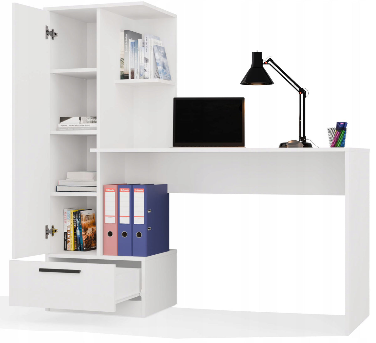 SET DESK COSMO WHITE WITH BOOKCASE AND DRAWER AND SHELVES FOR THE ROOM 143 CM
