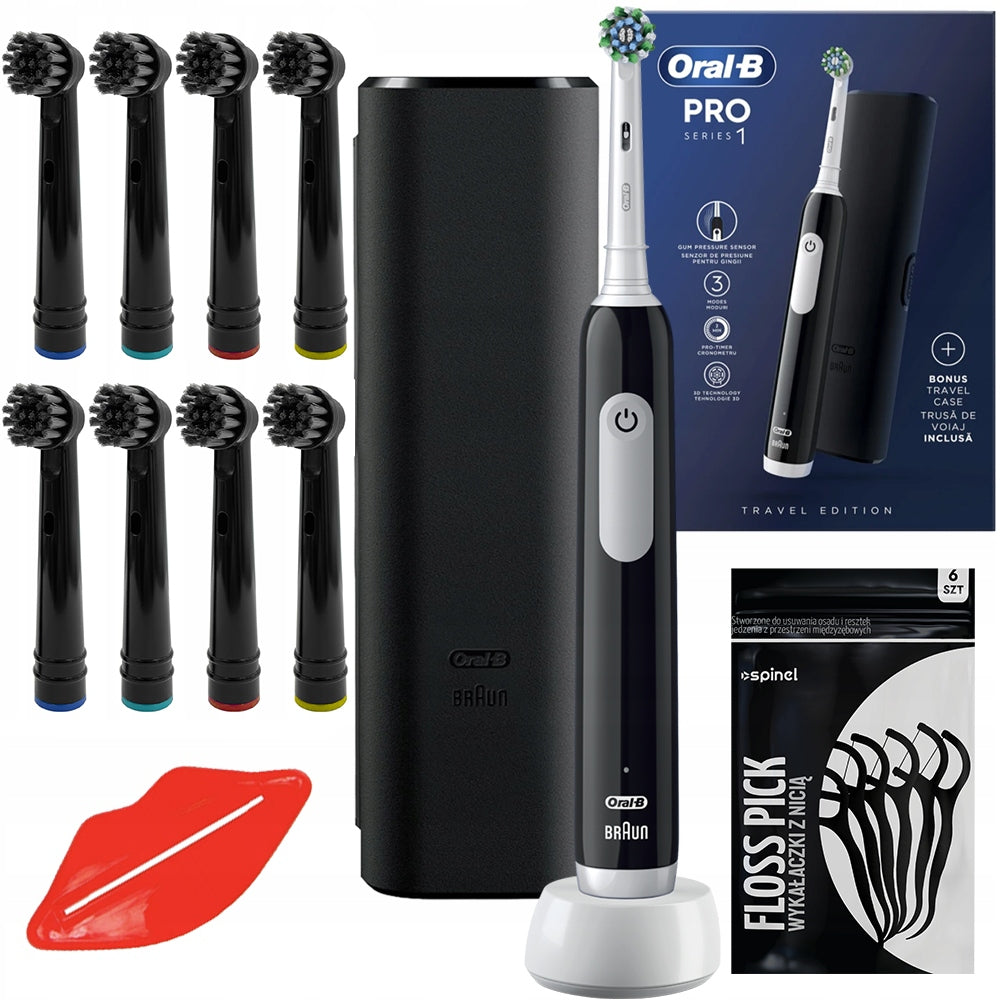 SET ELECTRIC TOOTHBRUSH ORAL-B PRO 1 BLACK + CASE TIPS ACCESSORIES