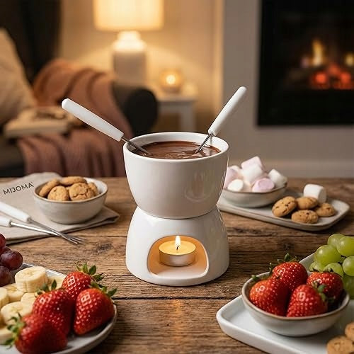 SET FONDUE CHOCOLATE CERAMIC WHITE FOR COUPLE FOR BIRTHDAY GIFT