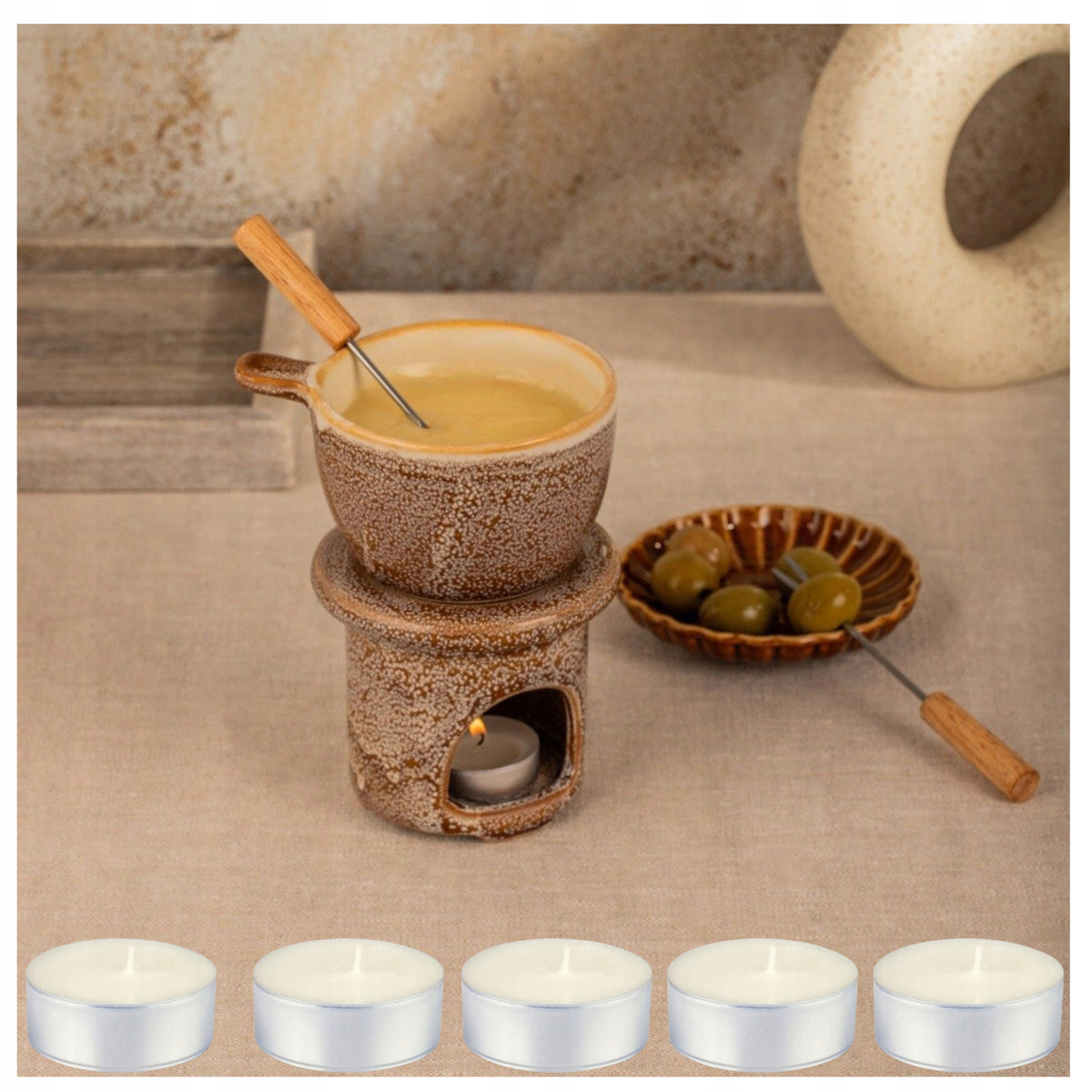 SET FOR CHOCOLATE FONDUE CUP WARMER STONEWARE FORKS +FREEBIES