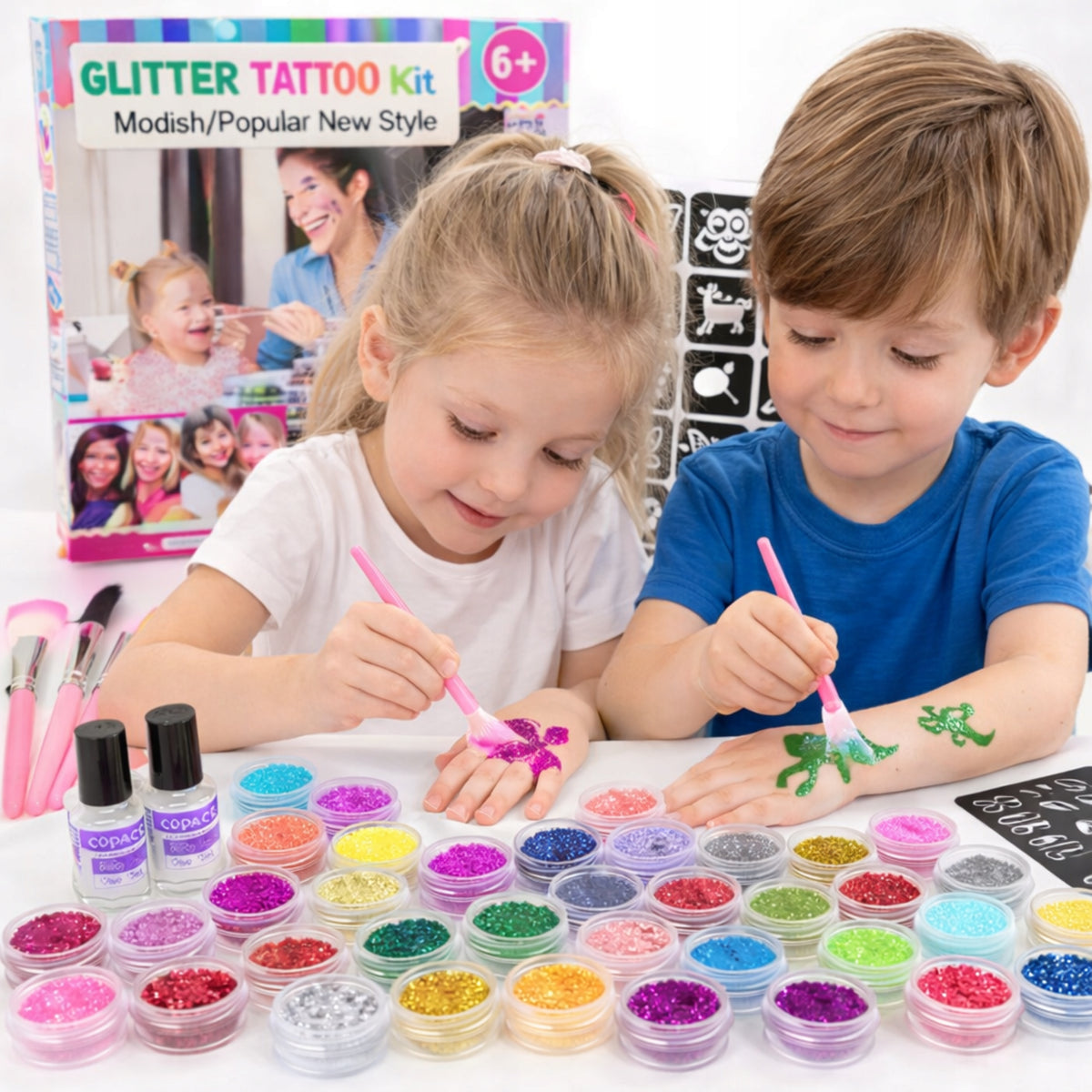 SET FOR MAKING GLITTER TATTOOS TEMPLATES WASHABLE GLITTERS FOR CHILDREN Packaging status original