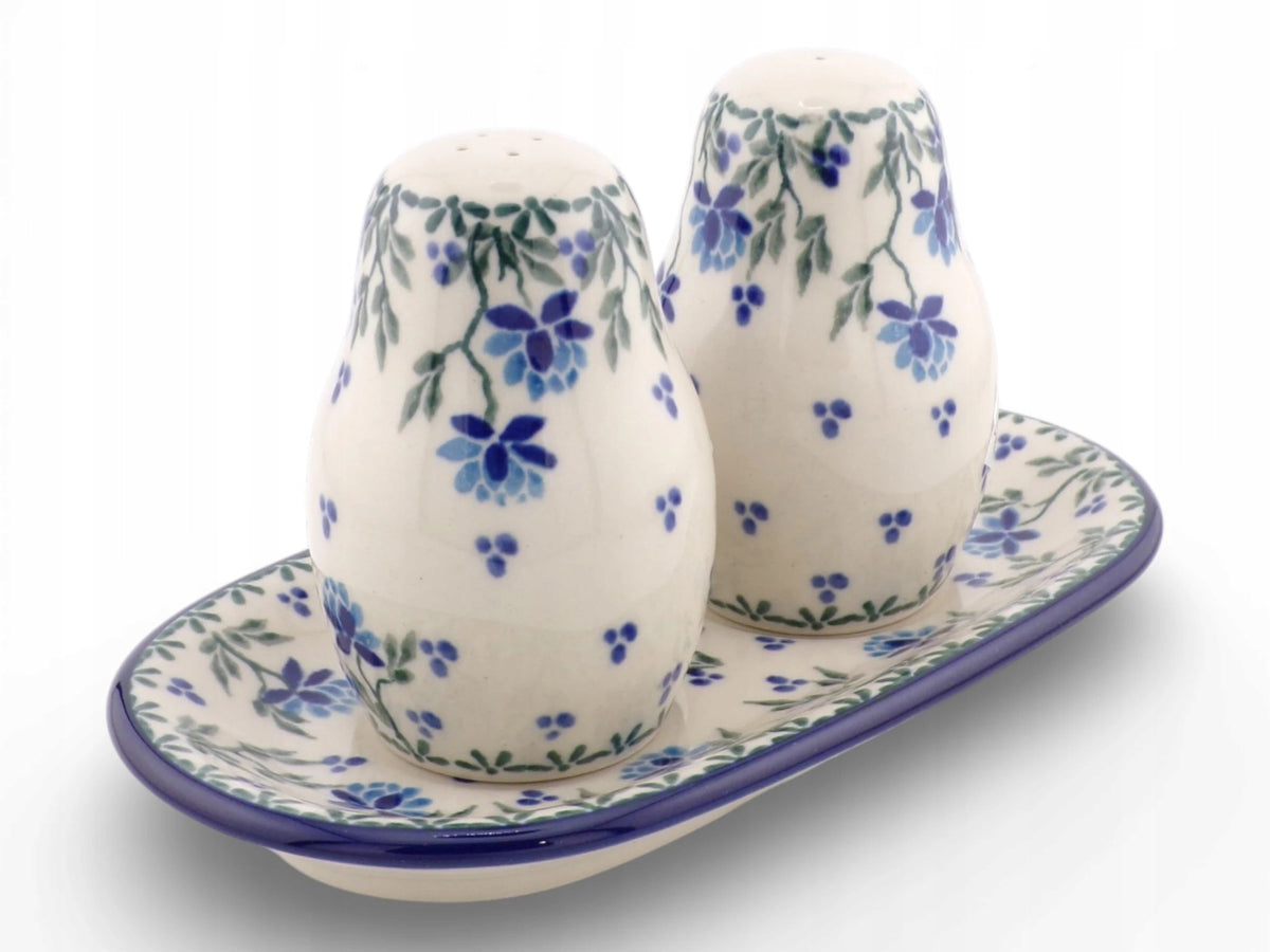 SET FOR SALT AND PEPPER WITH STAND IN BLUE PEONIES BOLESŁAWIEC