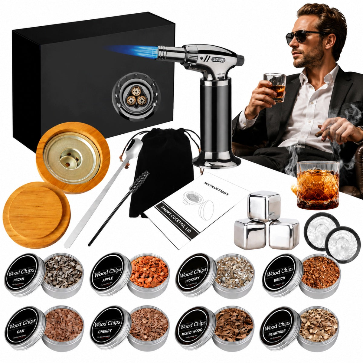 SET FOR SMOKING WHISKEY SMOKER GADGET GIFT FOR MAN FOR 8 FLAVORS