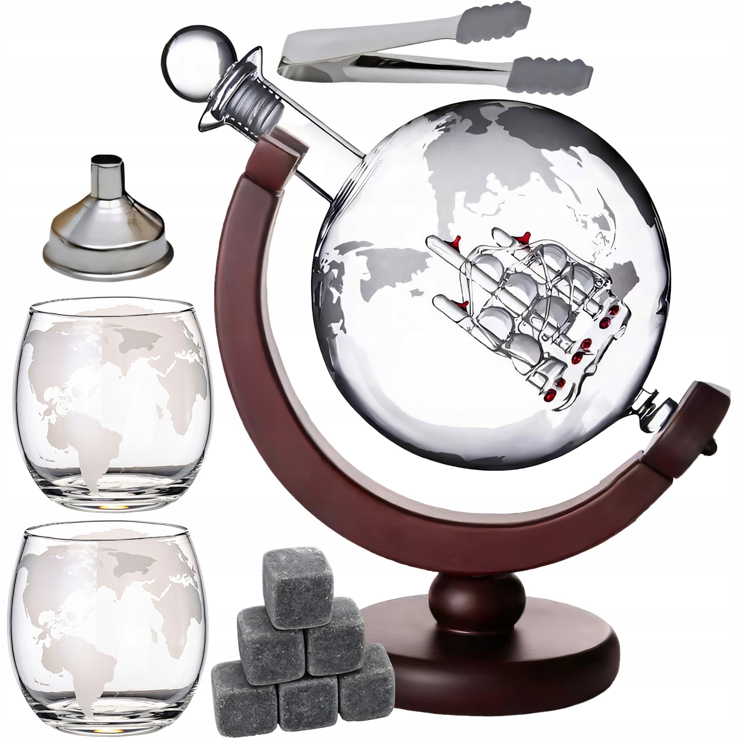 SET FOR WHISKEY DECANTER GLOBE 2X GLASSES CUBES PLIERS 850 ml GIFT Packaging status original