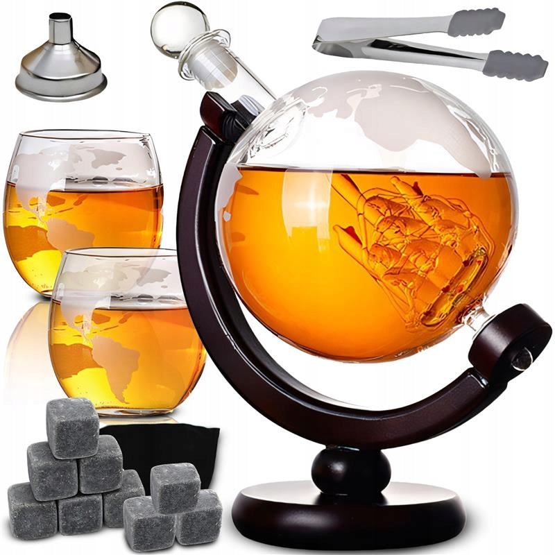 SET FOR WHISKEY DECANTER GLOBE 2X GLASSES CUBES PLIERS 850 ml GIFT