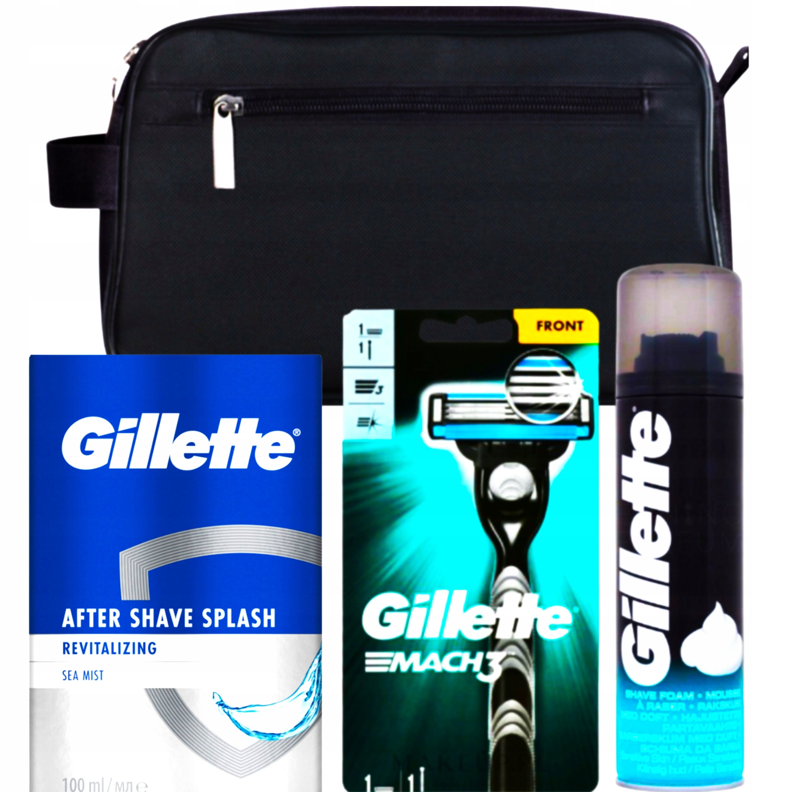 SET GILLETTE GIFT MEN'S + COSMETIC BAG MACHINE WATER FOAM 4IN1