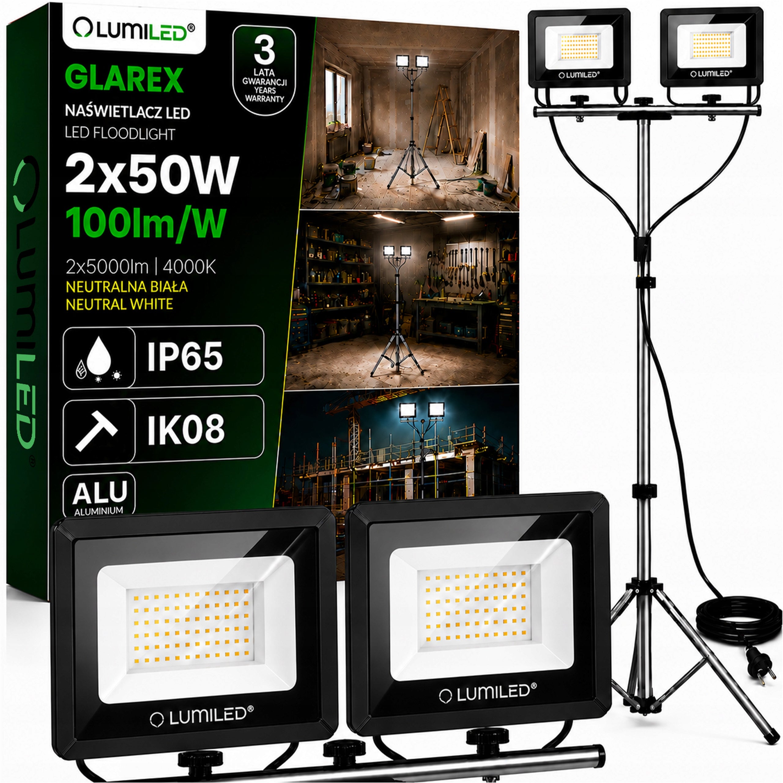 SET HALOGEN floodlight LED TRIPOD 2x 50W WorkING CONSTRUCTION STRONG