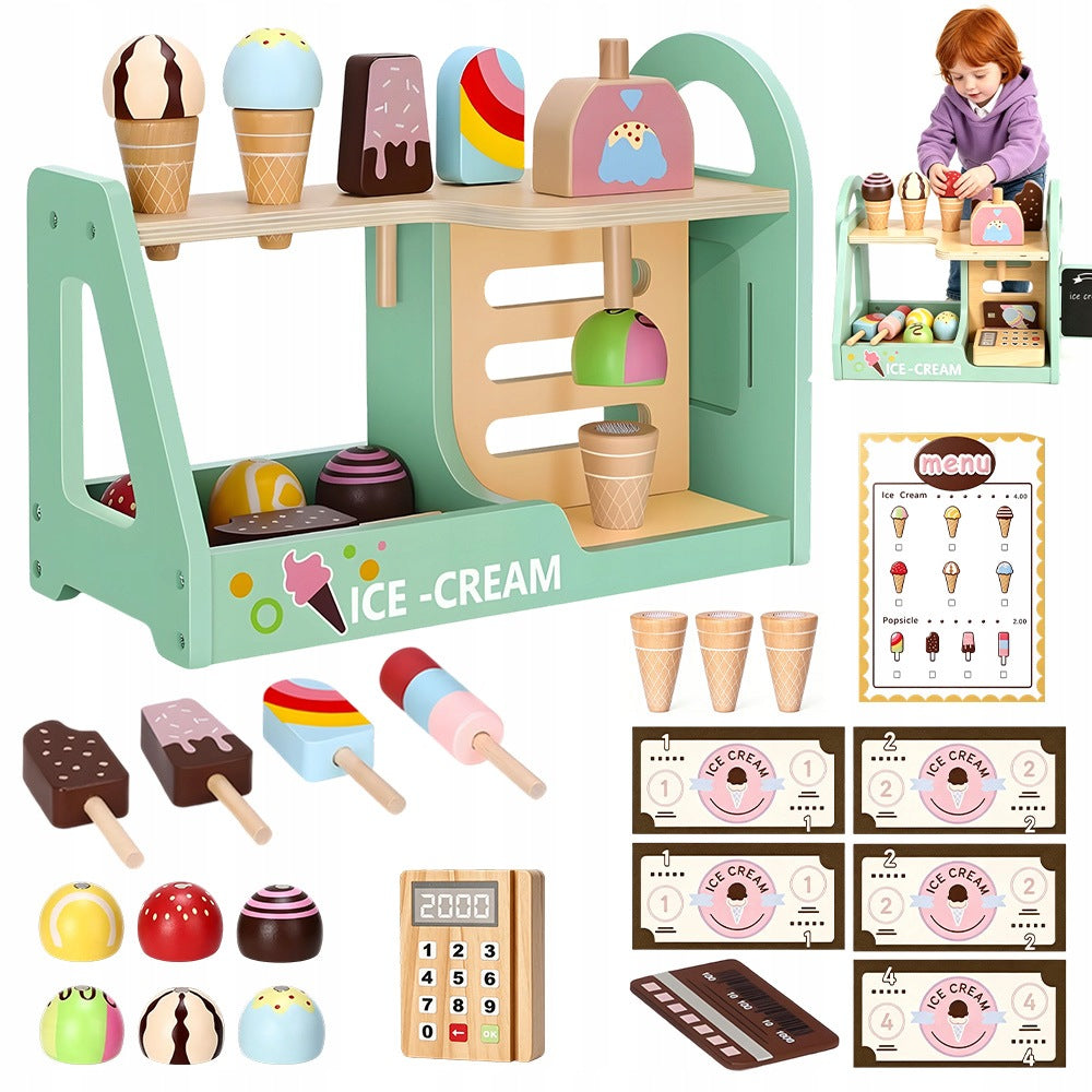 SET ICE CREAM PARLOR WOODEN FOR CHILDREN KNOBS CONES COINS MENU SAFE