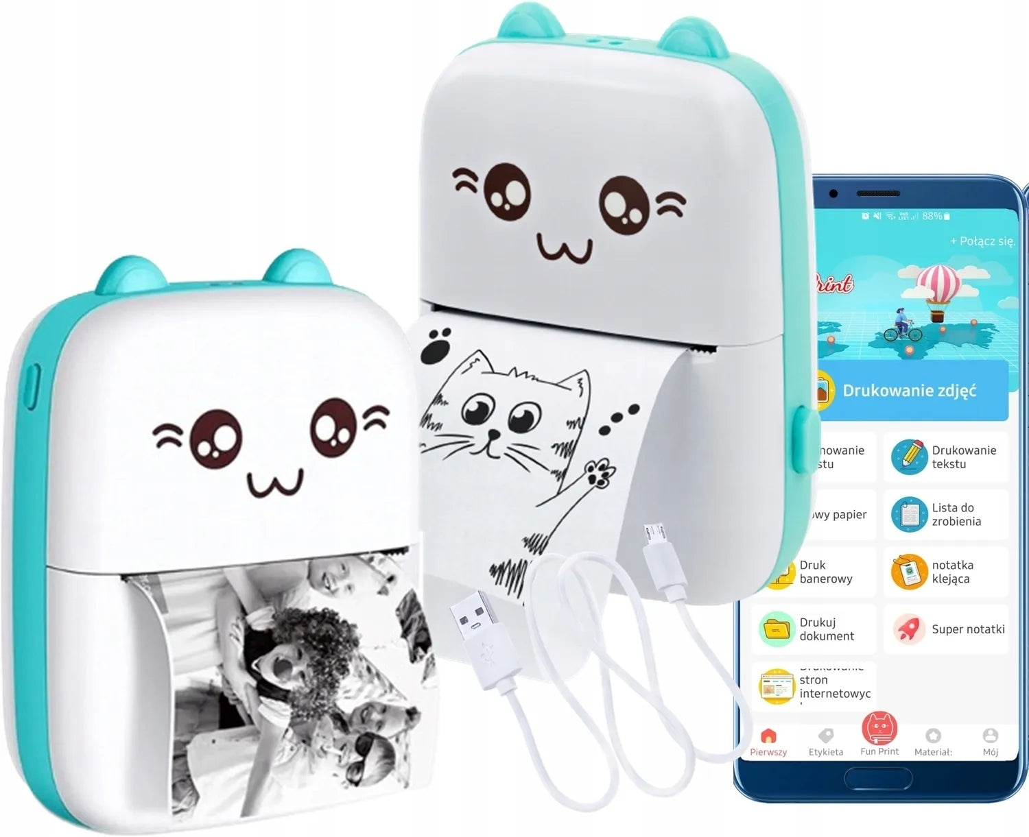 SET MINI PRINTER PRINT BLUE KITTY C9 THERMAL PHOTOS FOR CHILDREN
