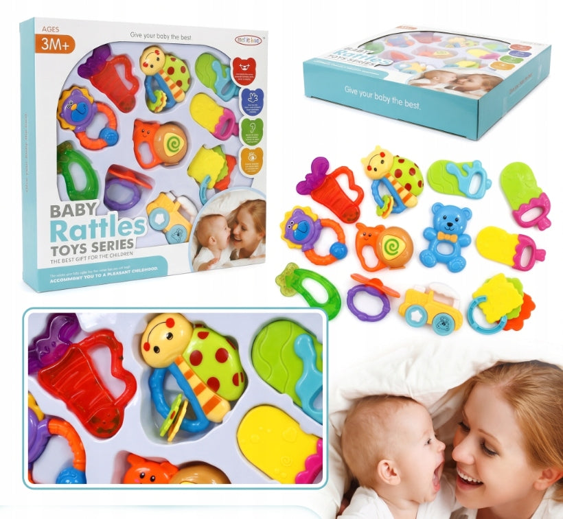 SET OF 10 BABY RATTLES AND SENSORY TEETHERS