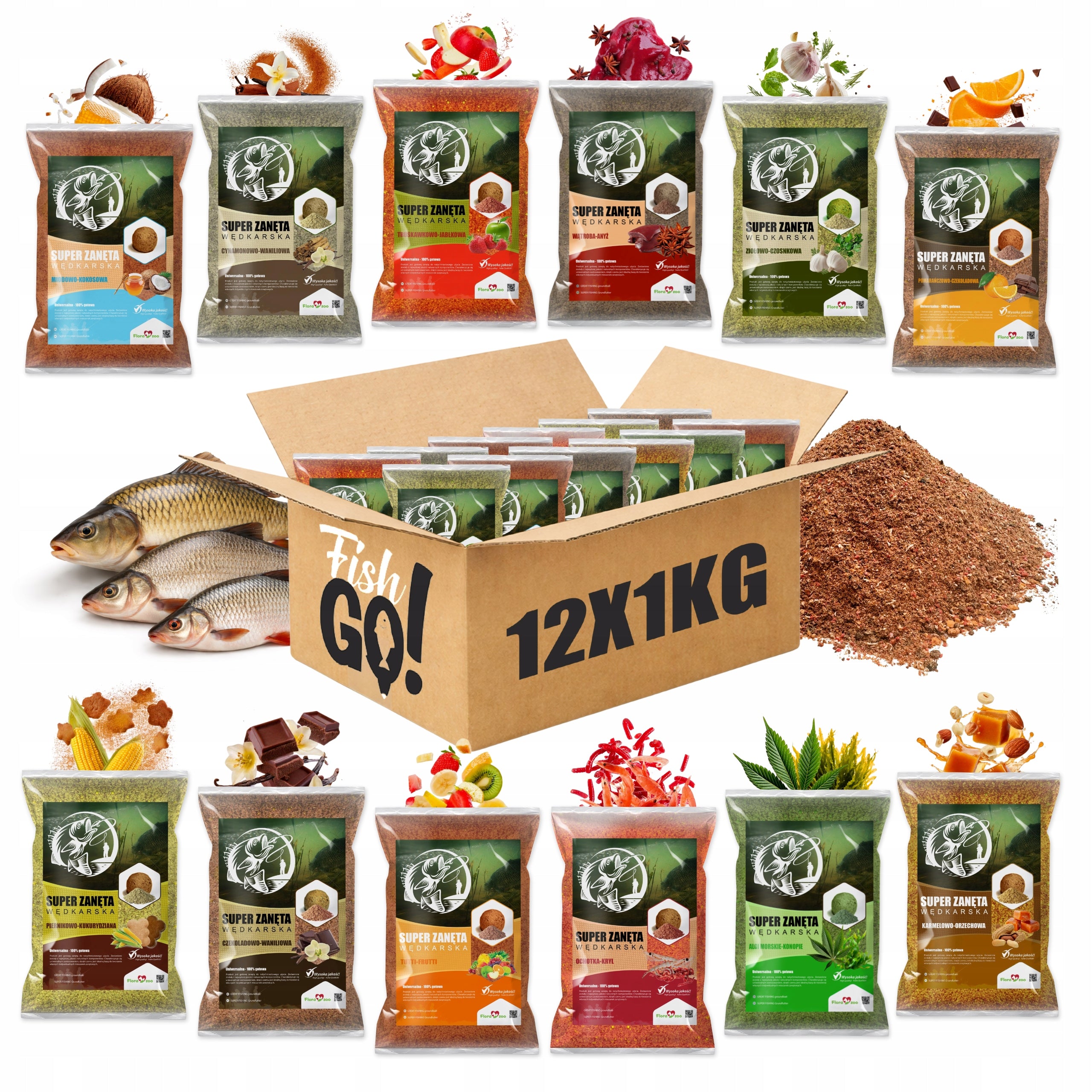 SET OF 12x FISHING BAIT 1KG MIX OF FLAVORS method feeder for carp fish