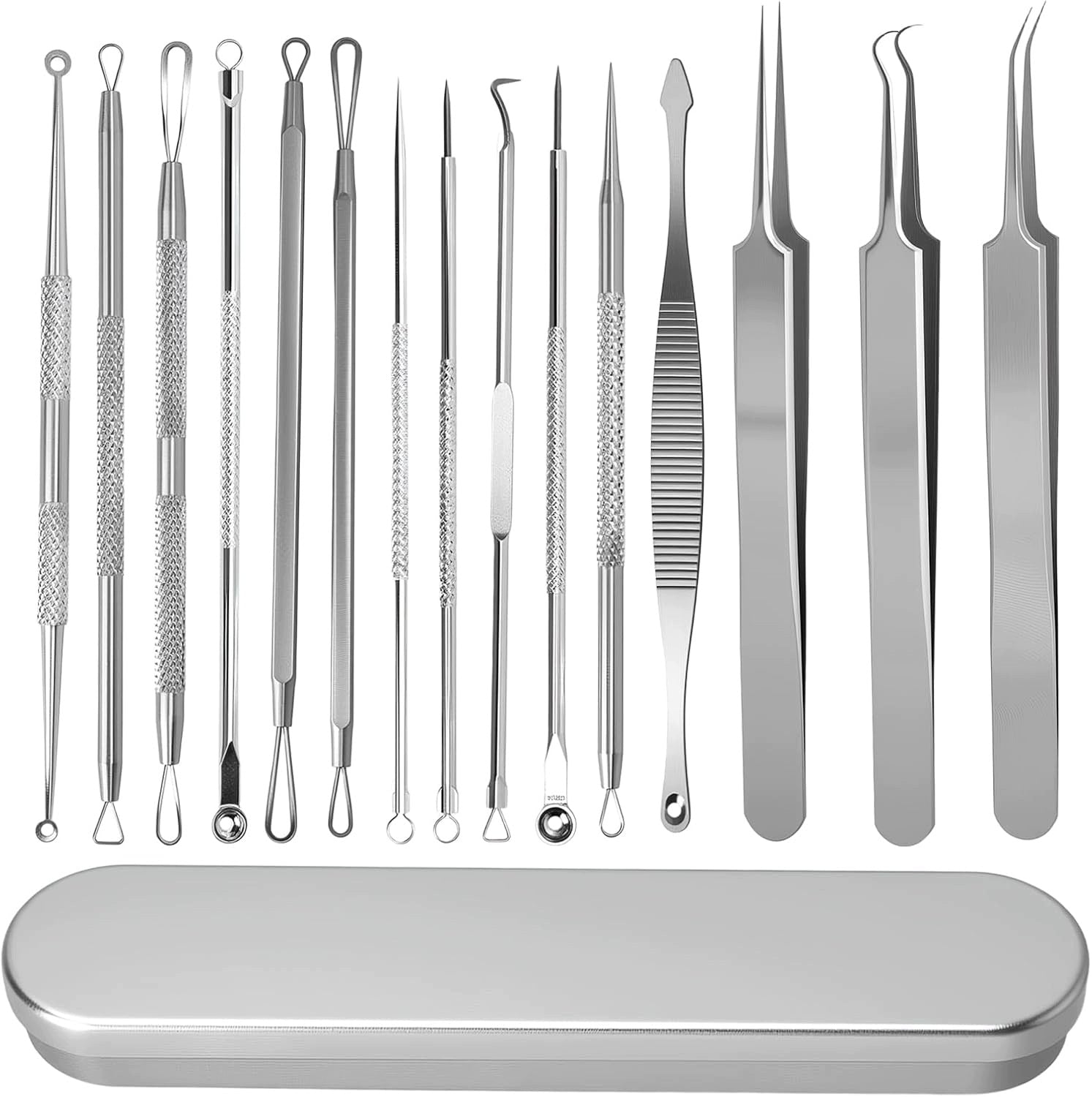 SET OF 15 TOOLS FOR REMOVING BLACKHEADS STAINLESS STEEL TWEEZERS