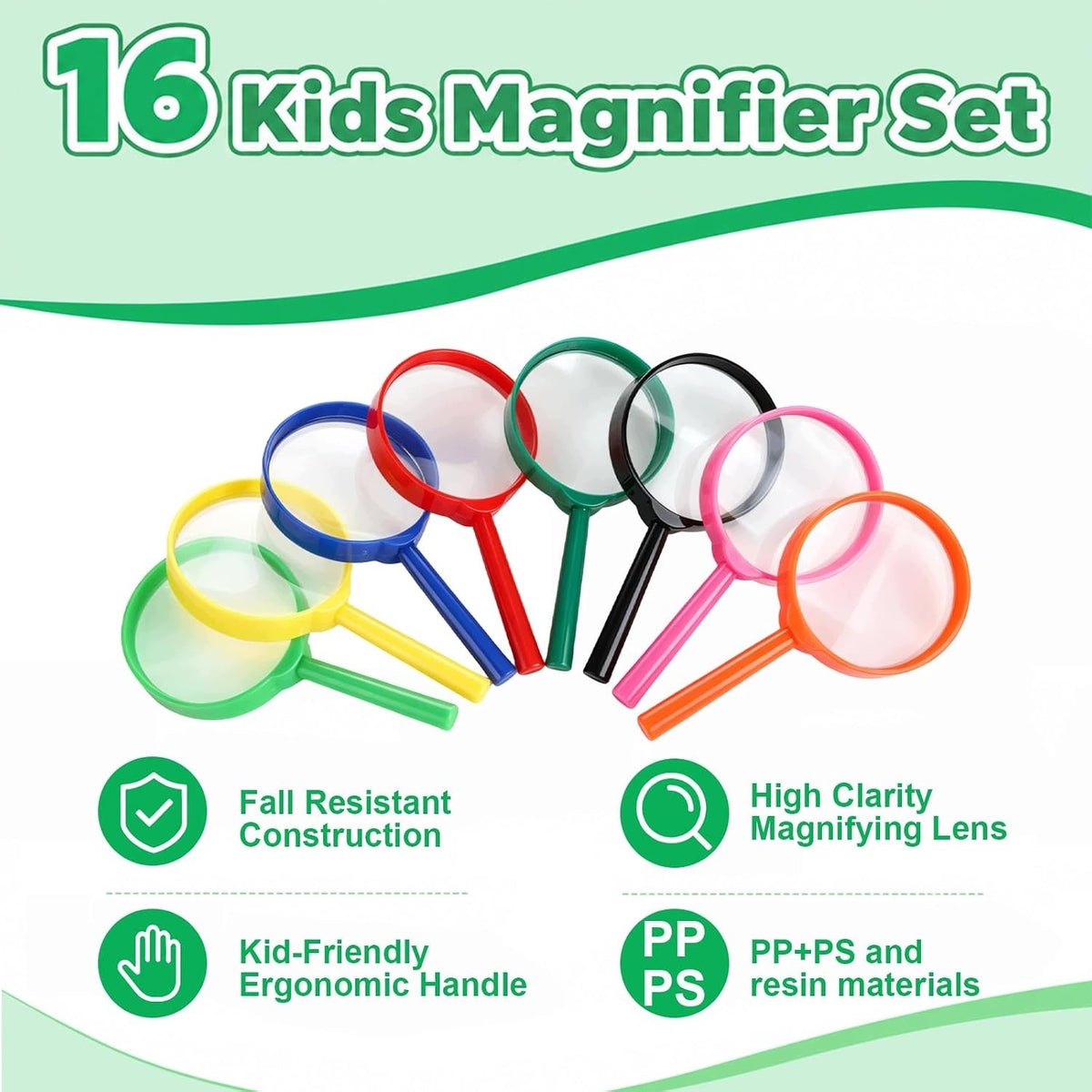 SET OF 16 MAGNIFIERS FOR CHILDREN 8 COLORS MAGNIFICATION 3X FOR LEARNING AND PLAYING Color black