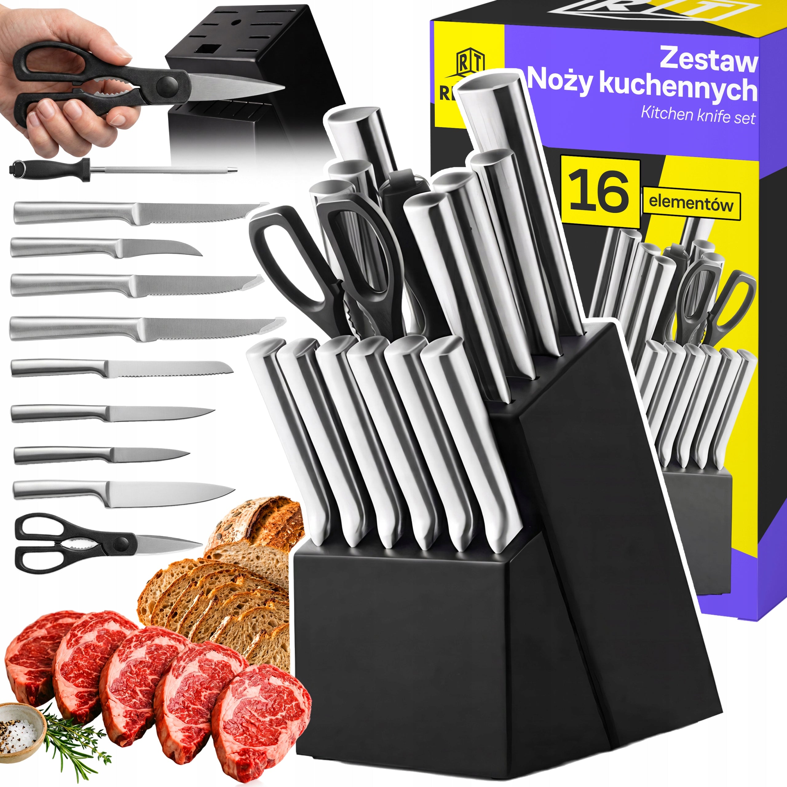 SET OF 16 STEEL KITCHEN KNIVES SHARP IN BLOCK STAND + SCISSORS