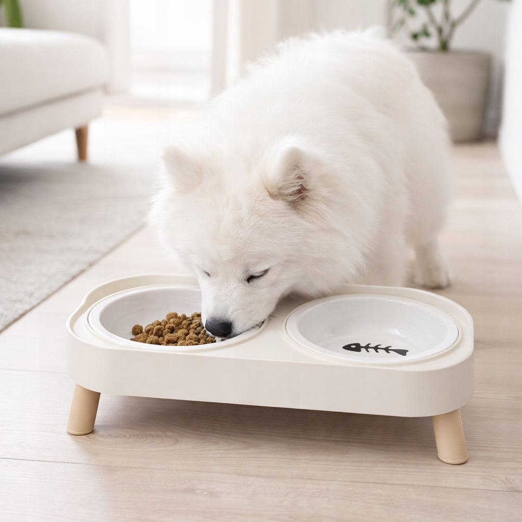 SET OF 2 CERAMIC BOWLS WITH TRAY ON DOG AND CAT STAND 2x300 ml Packaging status original
